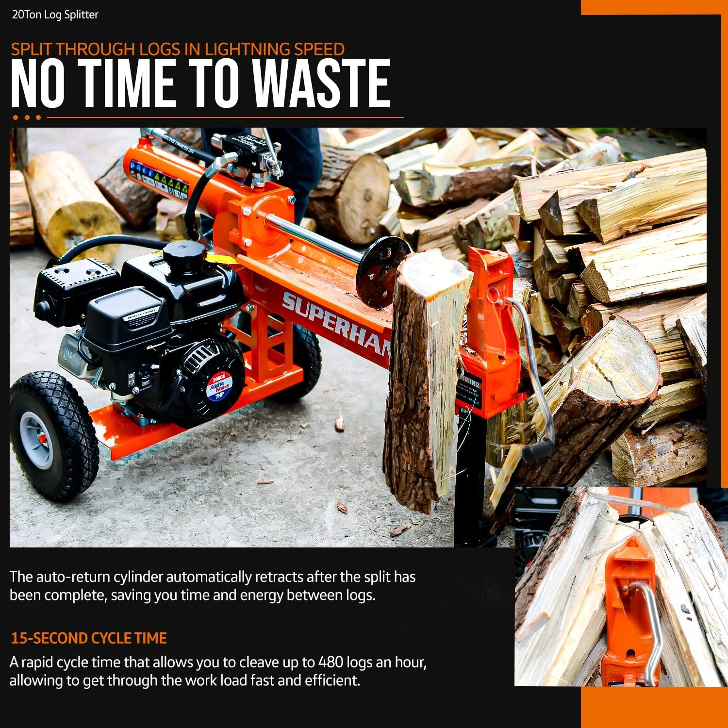SuperHandy Gas Log Splitter - 7HP 212CC 20 Ton Hydraulic System 16