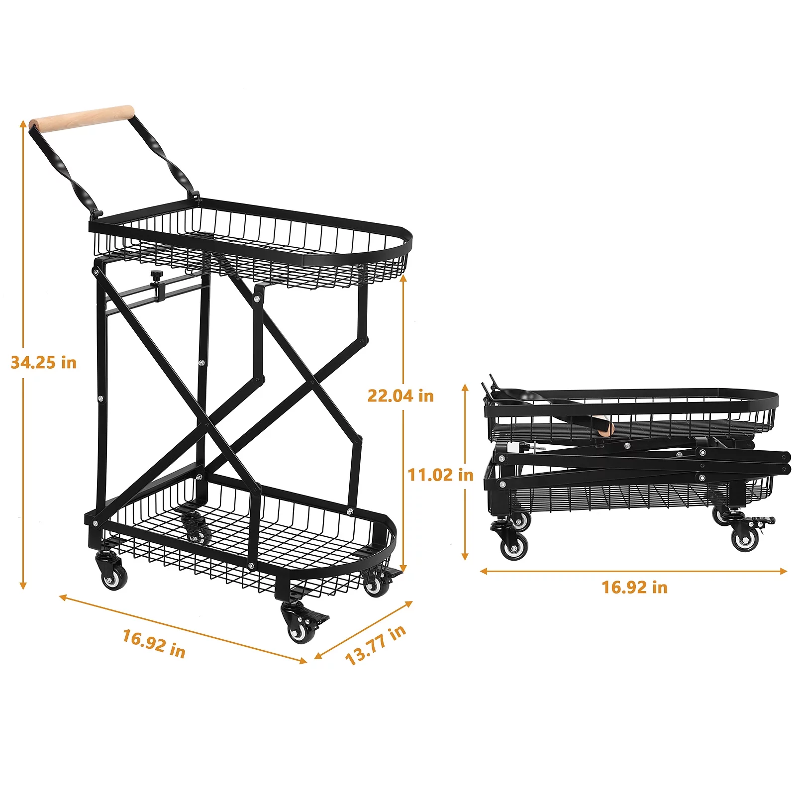 2-Tier Metal Rolling Utility Cart, Multifunction Storage Trolley