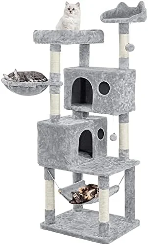 Yaheetech 64.5in Extra Large Multi-Level Cat Tree Kittens Play House Condo with Platform, Perch Hammock & Scratching Posts, Light Gray