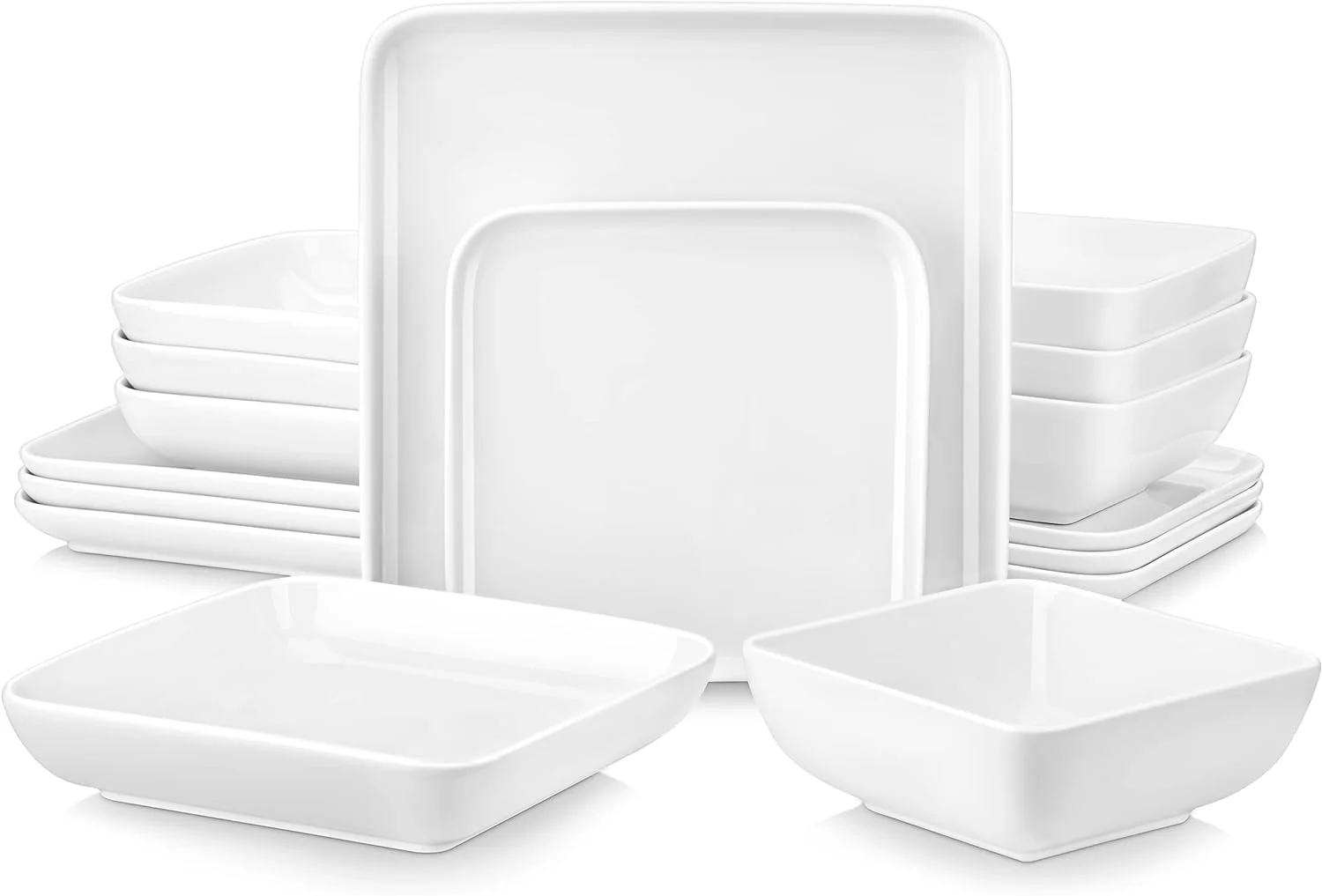 RUO Dishes Set for 4, 16 Piece Ivory White Square Dinnerware Sets, Porcelain Dinnerware Set with Dinner Plates, Dessert Plates, Soup Plates and Bowls, Microwave Safe, Series FLORA