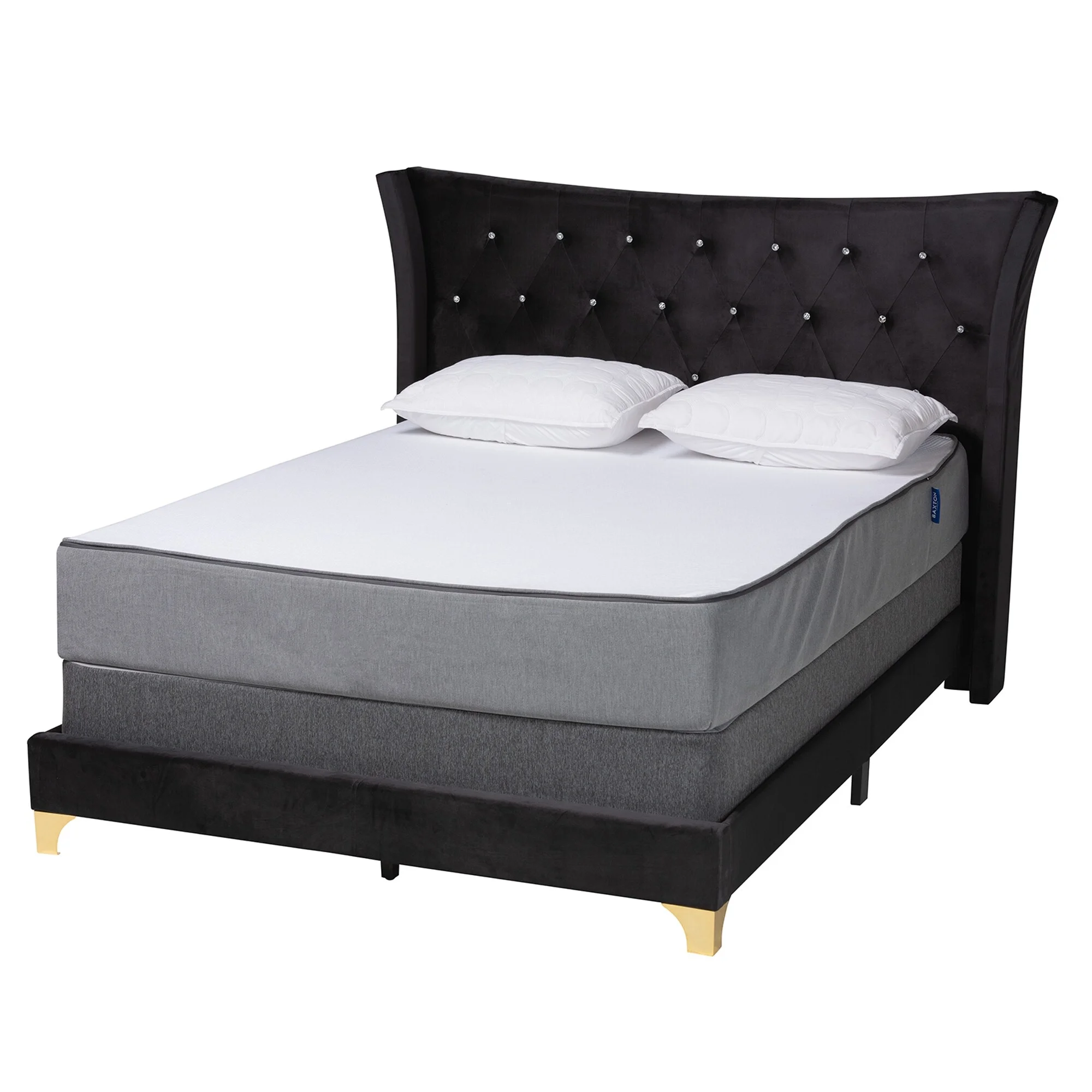 Baxton Studio Easton Contemporary Glam and Luxe Velvet and Gold Metal Queen Size Panel Bed Black, Gold