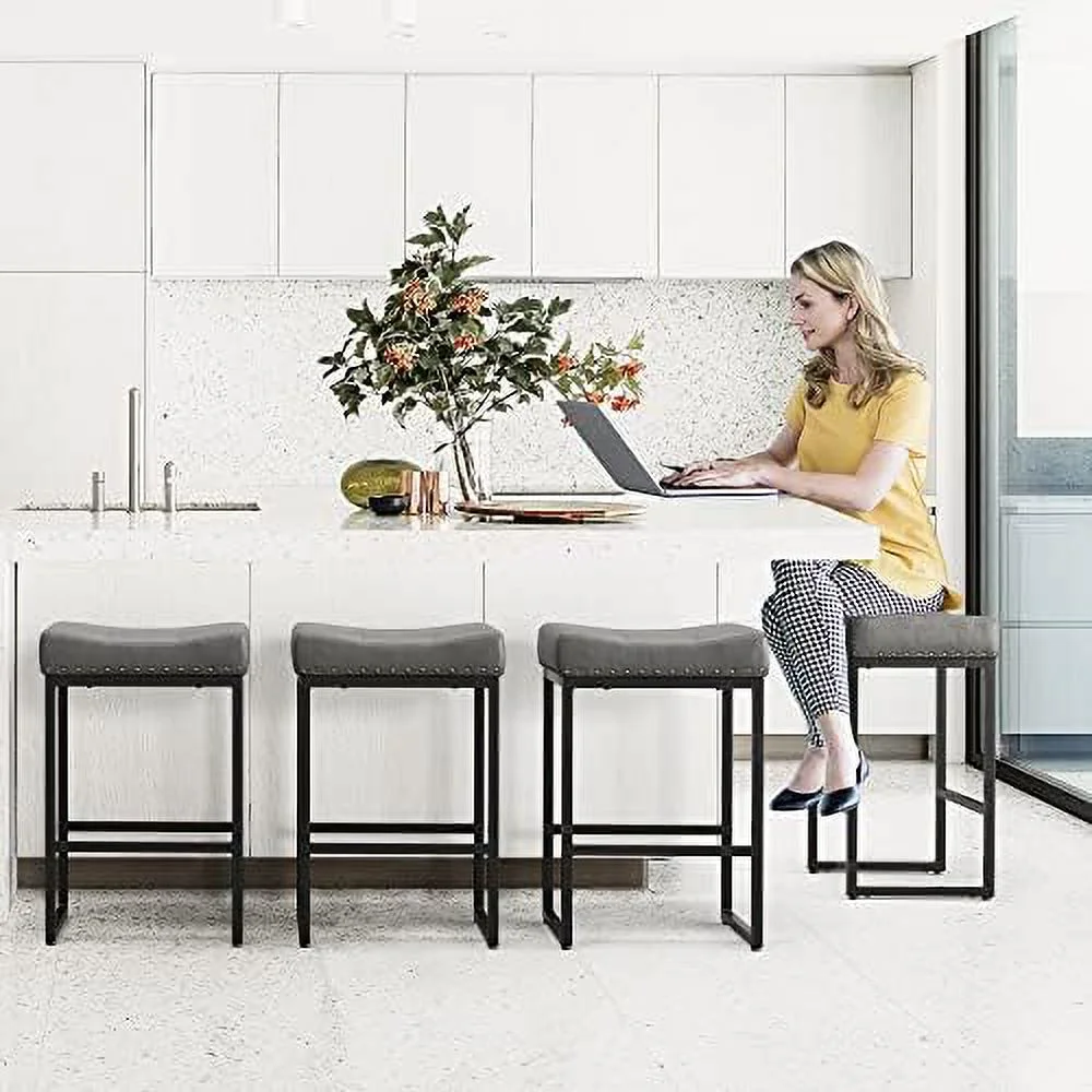 FDIGLUL Ergonomic Counter  Stools 24" Square Saddle BarStools Set of 4  Modern Backless Faux Leather Counter Stool with Black Metal Legs for Kitchen Island Counter Home  Bistro Black