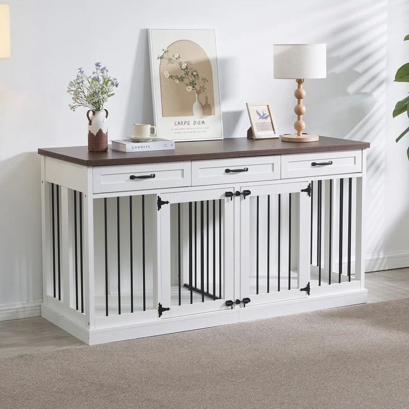 63'' Dog Crate Furniture, Furniture Style Dog Crate Table with 3 Drawers and Removable Divider, Heavy Duty Wooden Dog Kennel for 2 Medium Small Dogs，White