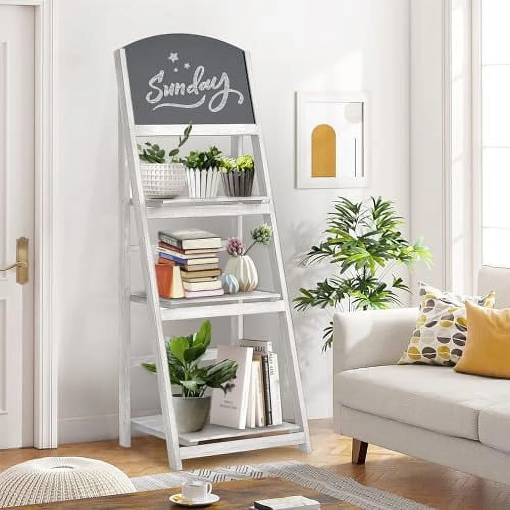 YPDXGH Ladder   4 Tier Ladder Shelves Rustic Solid Wood Ladder  Industrial Leaning Bookshelves 45" Folding Freestanding Plant Stand  Room  Office  Kitchen  Black