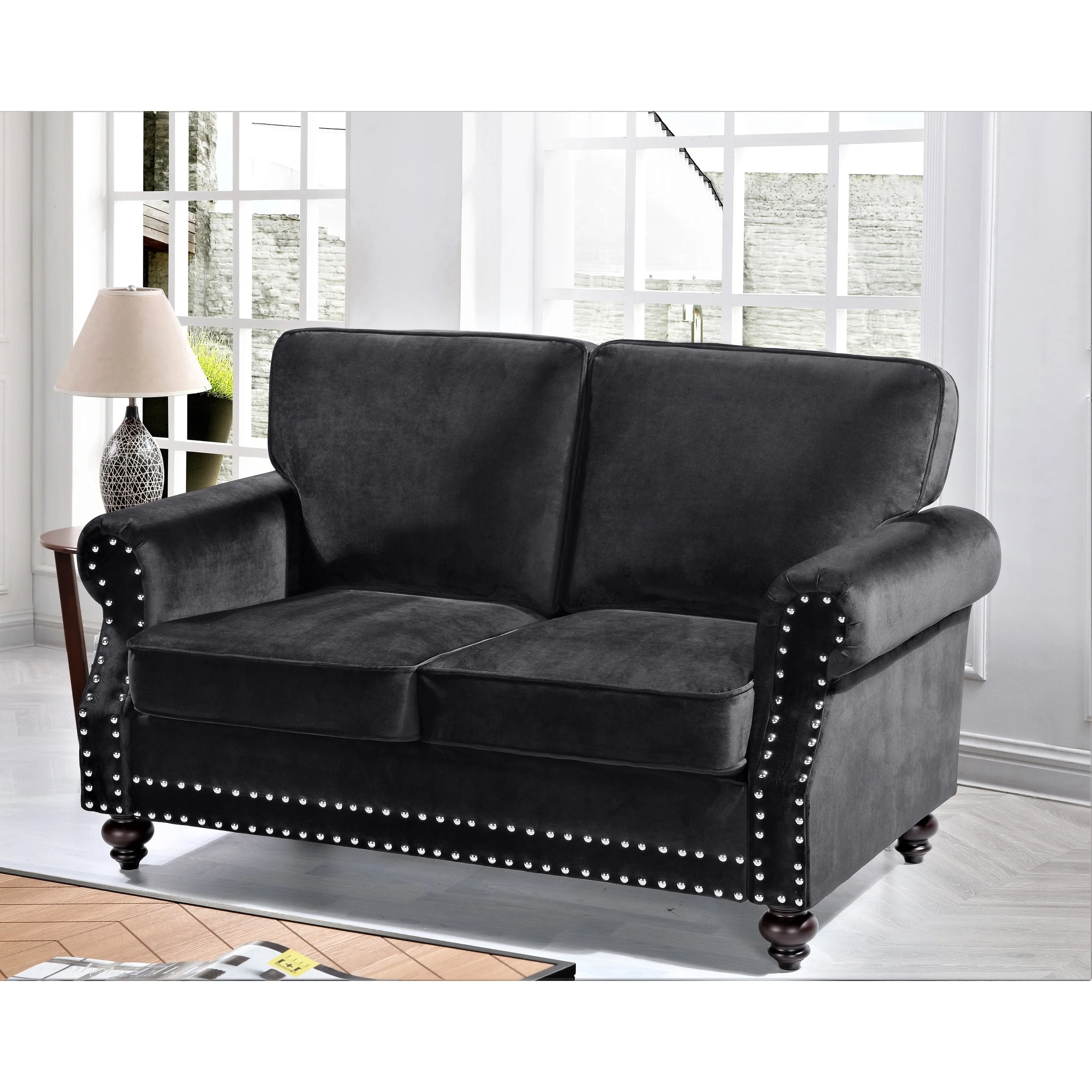 US Pride Furniture Ramos Nailhead Velvet Loveseat Black