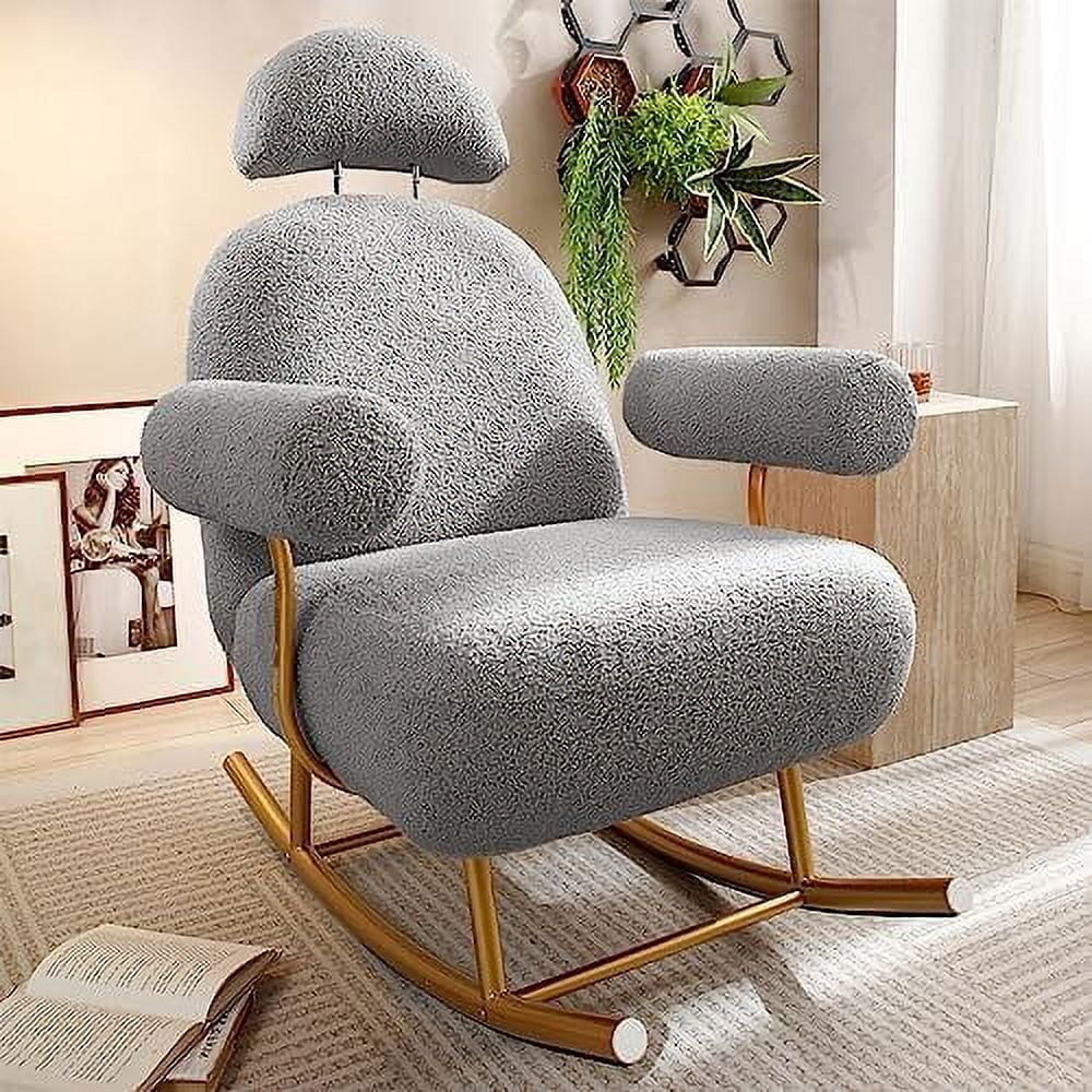 HBLUKDL Nursery Rocking Chair  Modern Sherpa Upholstered Fabric Glider Rocker  Rocking Chair for Nursery  Comfy Armchair with High Backrest  Leisure Sofa Chair for Living Room Bedroom (Gr