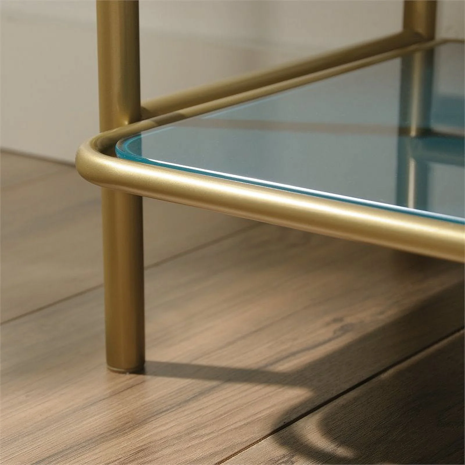 Pemberly Row 5-Shelf Modern Glass and Metal Bookcase in Gold