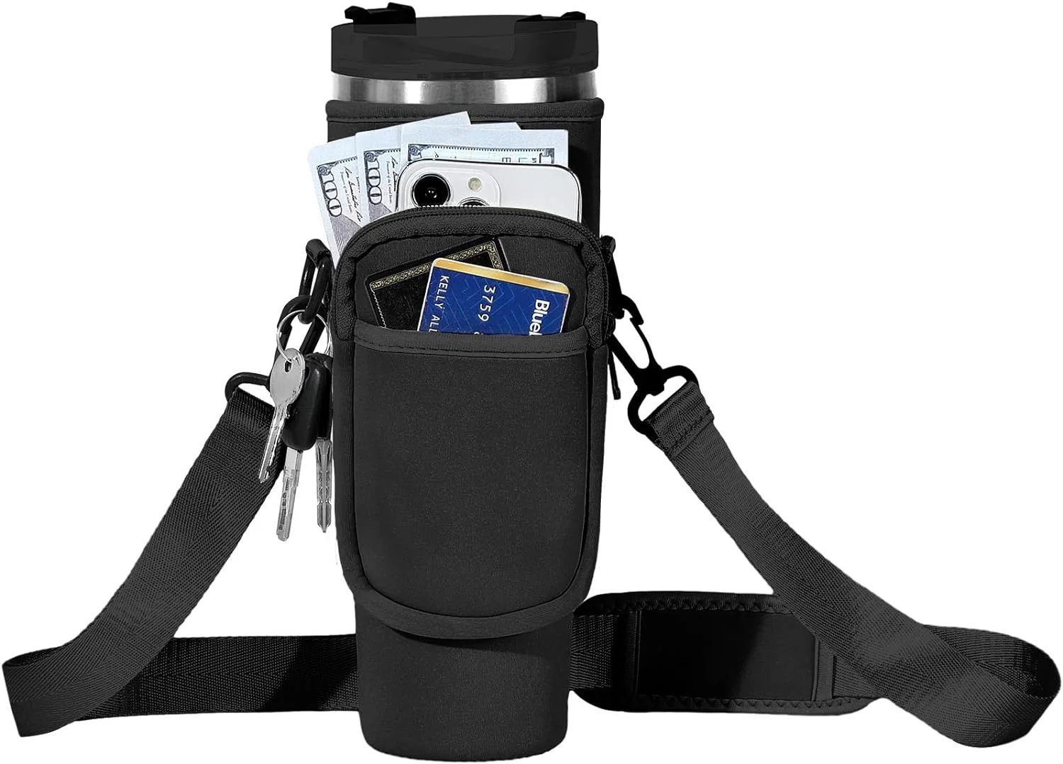 Nuovoware Water Bottle Carrier Bag Fit Stanley Quencher H2.0/Simple Modern, 40OZ Bottle Pouch Holder with Pocket Adjustable Shoulder Strap, Neoprene Water Bottle Holder for Hiking Camping, Black