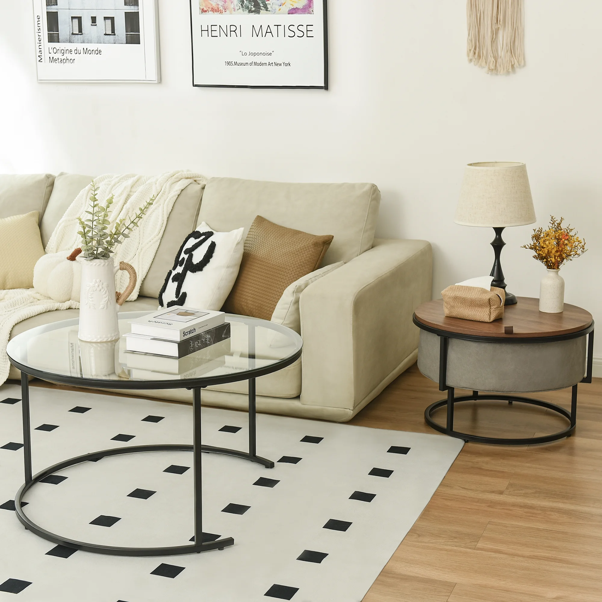 Modern Nesting Coffee Table with Hidden Storage, Set of 2 for Living Room Balcony Office, Oak Brown