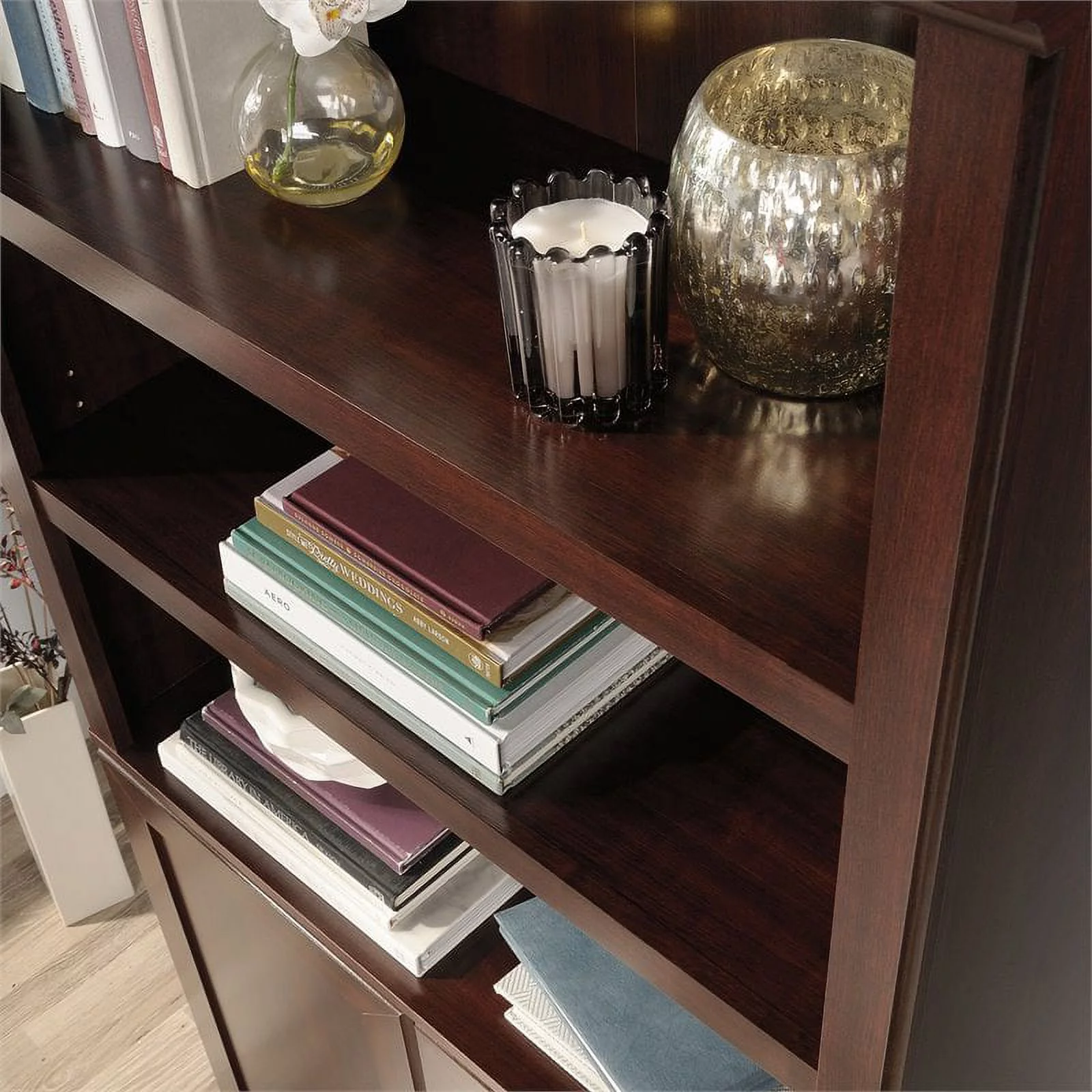 Pemberly Row 3-Shelf Modern Engineered Wood Bookcase in Cherry