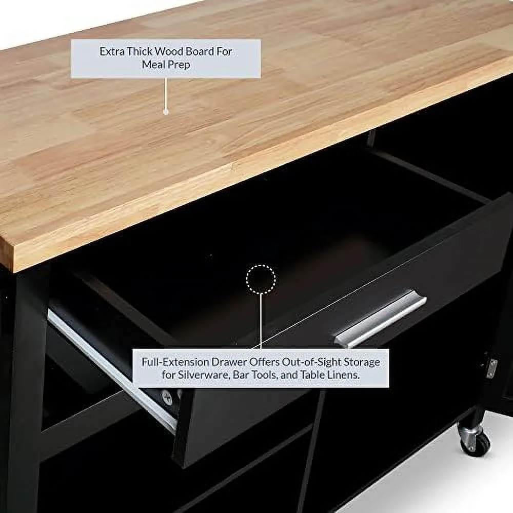 HYHBIBOOM Modern Rolling Kitchen Island Utility Cart with  Drawer   Cabinet  Handle Towel Rack  Rubber Wood Top  and Caster Wheels - Sonoma (Black)