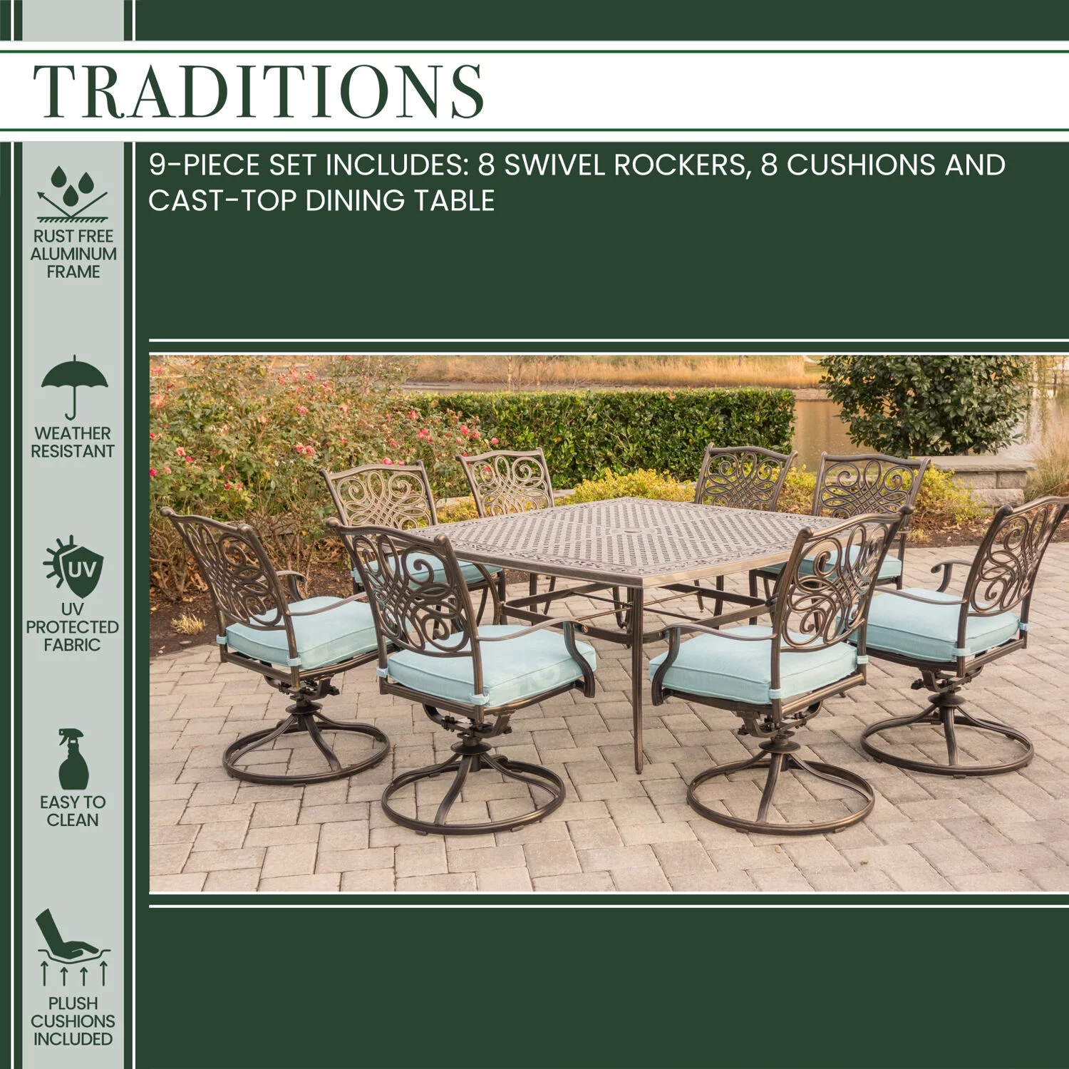 Hanover Traditions 9 Pcs Aluminum Outdoor Dining Set, Blue