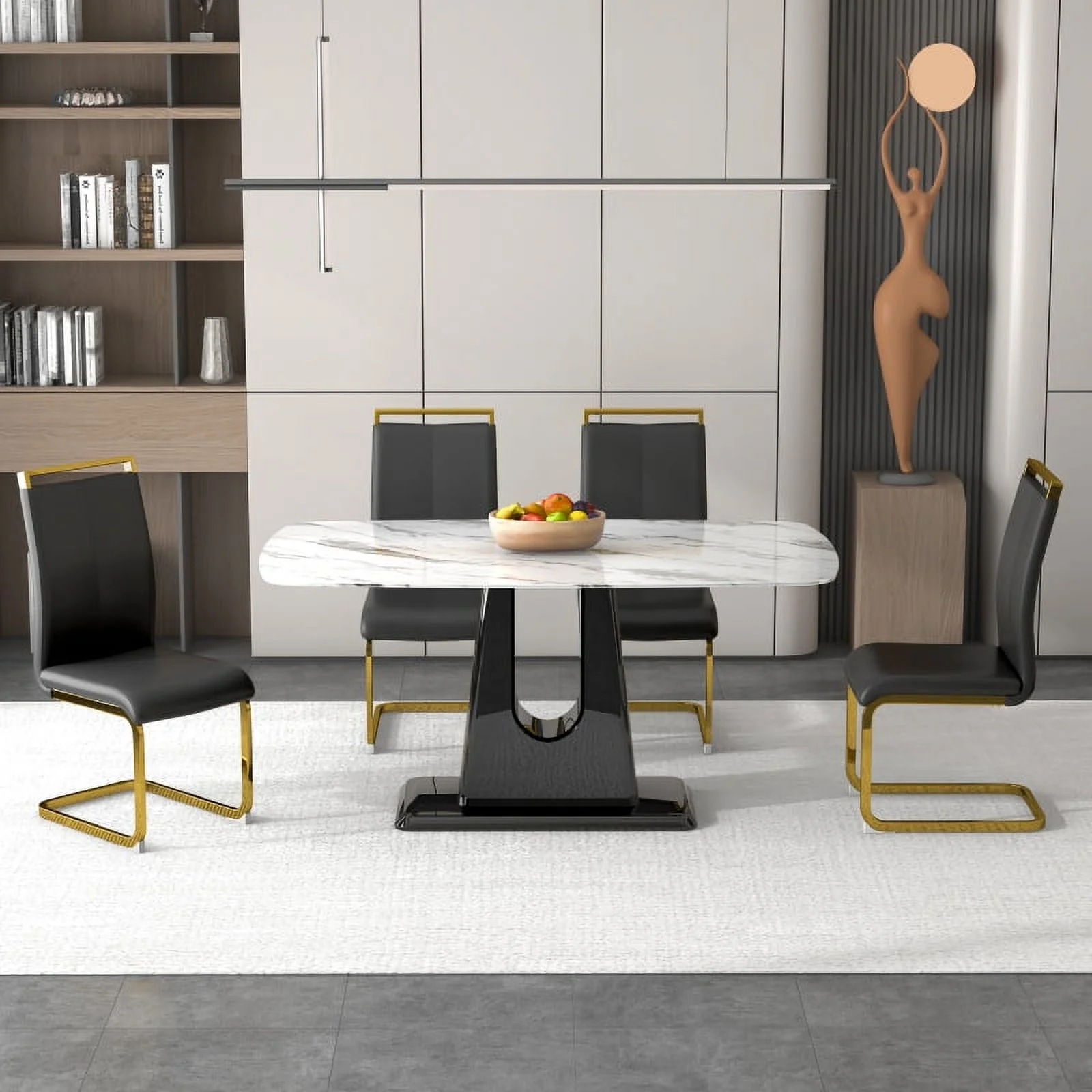 A modern, minimalist, and luxurious table. A black imitation marble tabletop with MDF U-shaped legs. Dining table, computer table. For restaurants and living rooms 63
