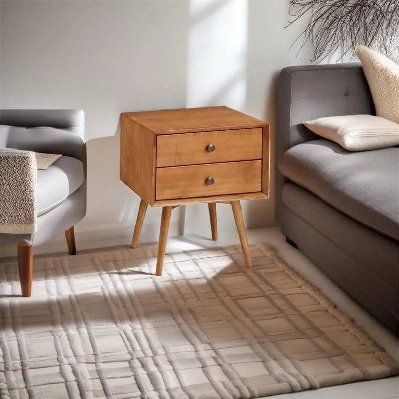 Modern 2 Drawer Solid Wood Bedside Nightstand In Caramel