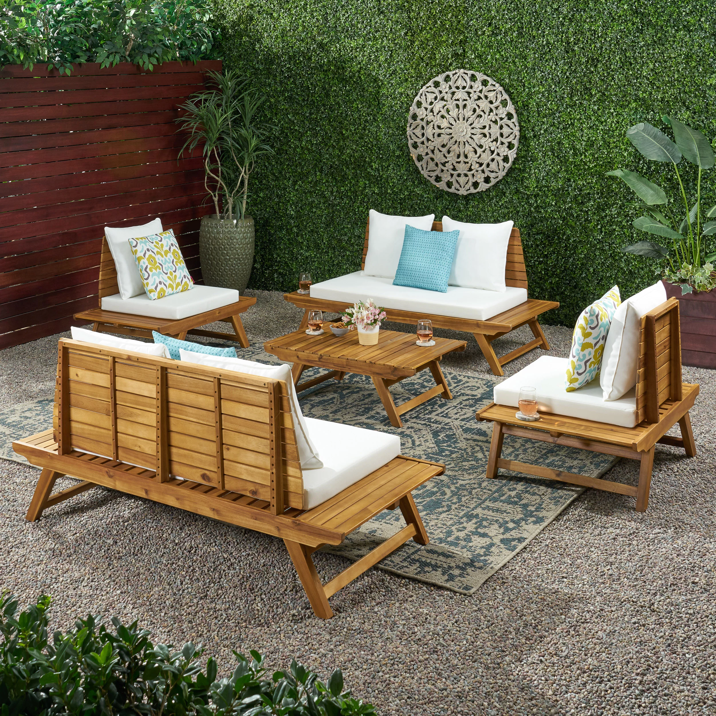 Ledger Outdoor Acacia Wood 6 Seater Chat Set, Teak and White