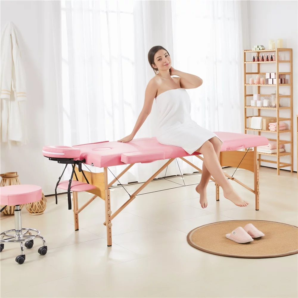 Easyfashion 2 Sectional Adjustable Folding Massage Table, Maximum Weight Capacity 220 lb,Pink