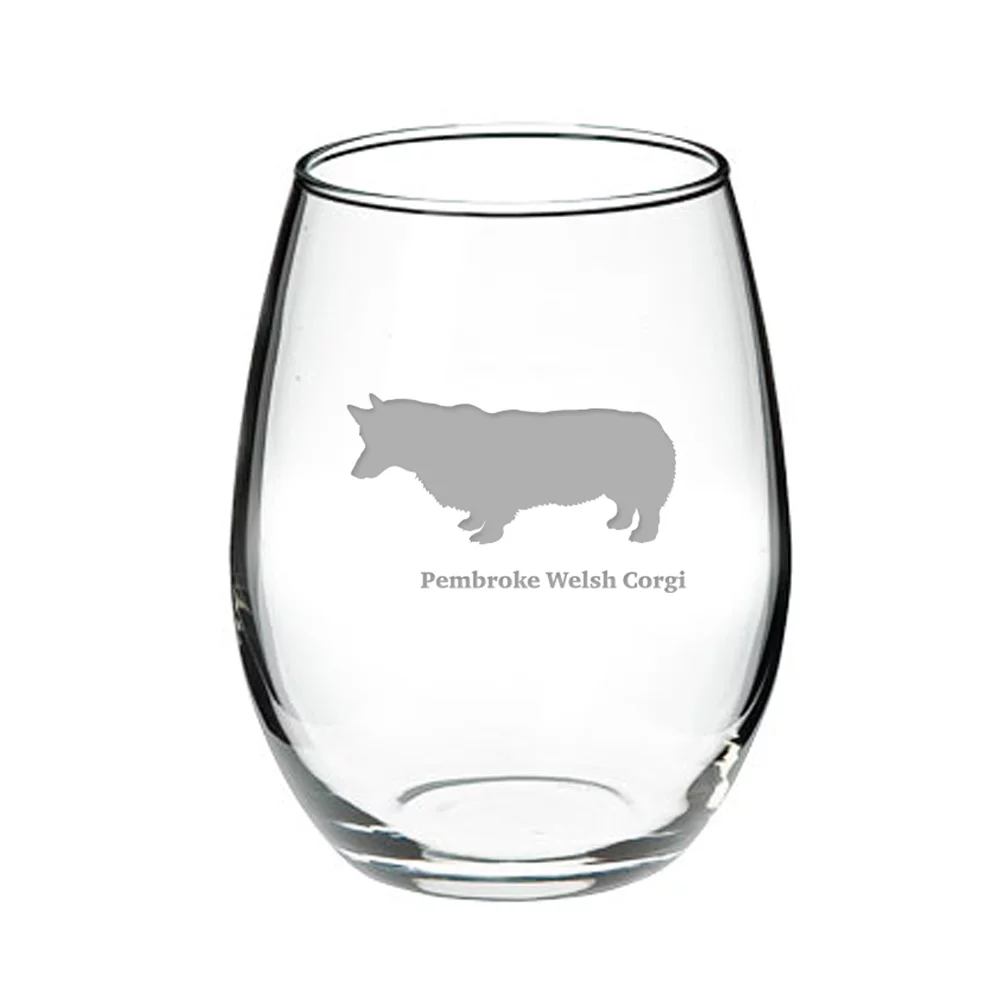 Pembroke Welsh Corgi Deep Etched Stemless Red Wine Glass