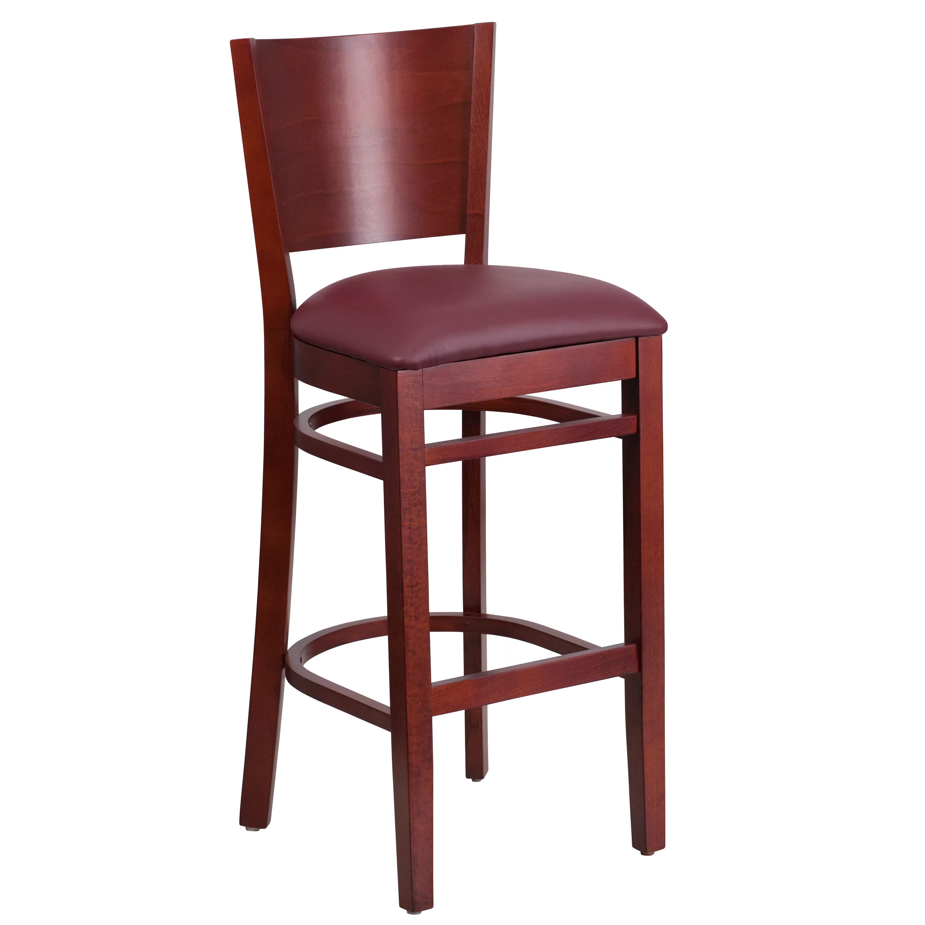 Flash Furniture 2 Pk. Lacey Series Solid Back Mahogany Wood Restaurant Barstool - Burgundy Vinyl Seat