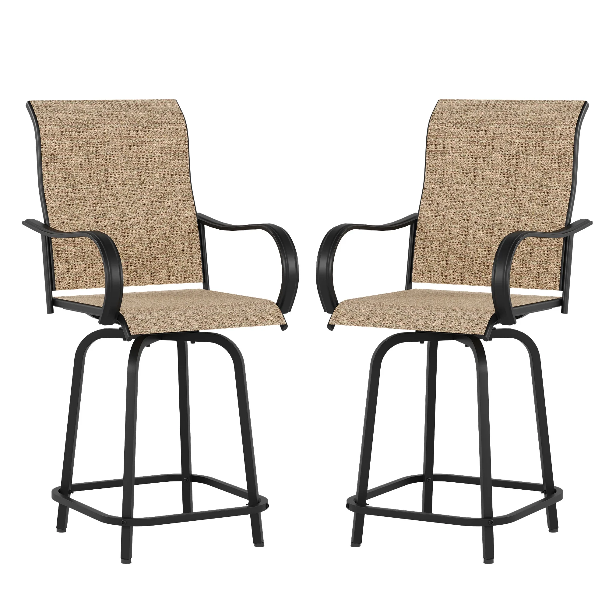 ELPOSUN Patio Swivel Bar Stools Chair of 2, Outdoor Bar Height Set, All Weather High Back and Armrest Rocking Stools & Bar Chairs for Backyard, Lawn Garden, Balcony and Pool, Brown