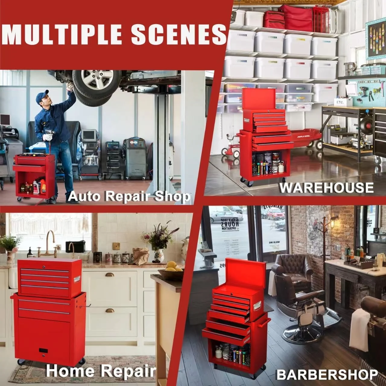 Tool Chest, 8 Drawer Large Tool Cabinet with Wheels, Tool Storage Cabinet with Detachable Top Toolbox with 6 Hooks & Drawer Liners, Metal Tool Cart for Garage, Warehouse, Red