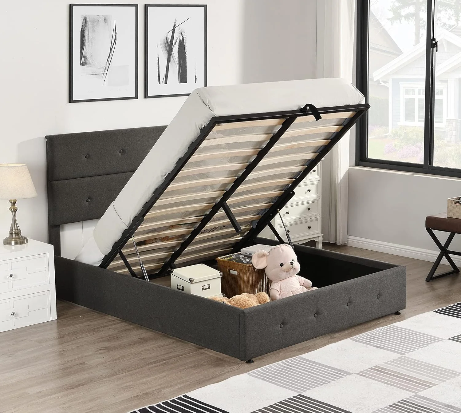Lift Up Bed With Storage, Platform Bed Frame Full Size With Headboard, Lift Up Storage Bed With, Full Upholstered Bed With Hydraulic Storage System, Grey（Button-Tufted）