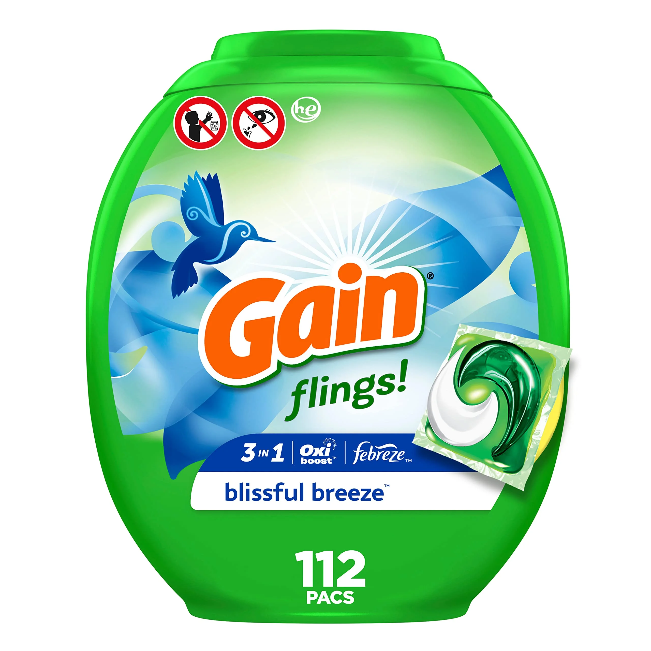 Gain Flings! Laundry Detergent Soap Pacs, He Compatible, 112 Ct, Long Lasting Scent, Blissful Breeze