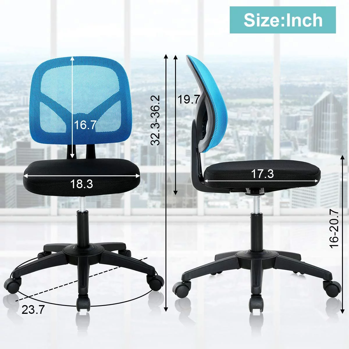 Mesh Office Chair No Arms Swivel Desk Chairs Adjustable Height Computer Chair Swivel Task Chair with Curved Square Back, Seat Width 18.3 inch, Blue