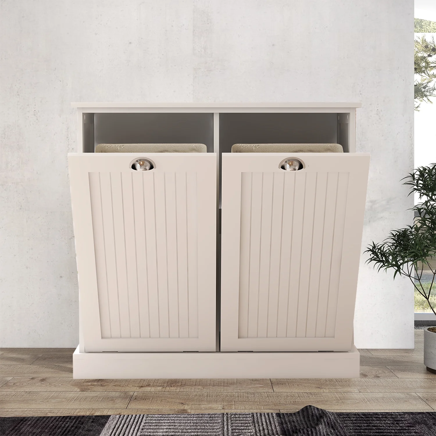 Modern and Exquisite Laundry Sorter Cabinet with Two Tilt-Out Compartment for Bathroom, White