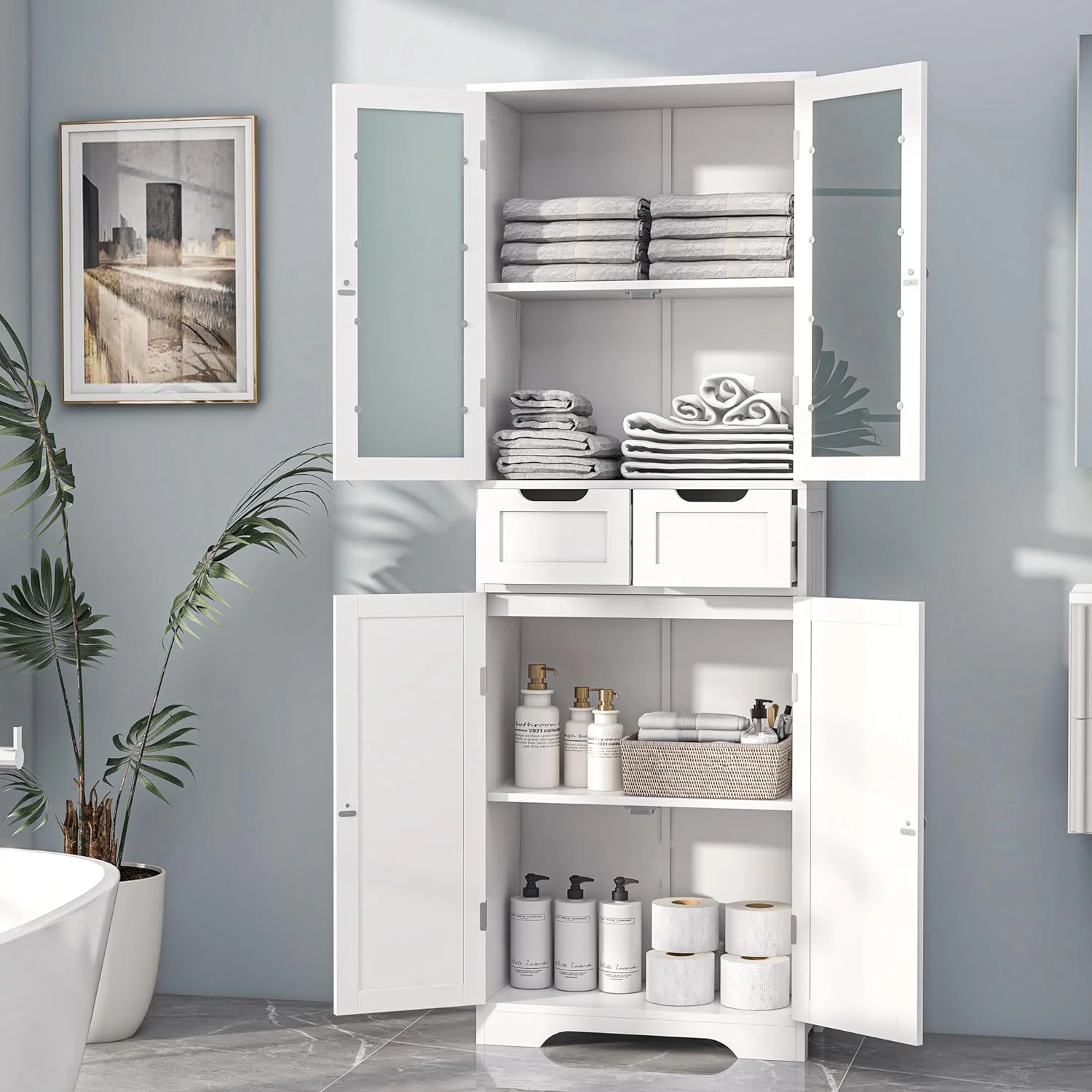 SJOINMB 67" Tall  Cabinet  Freestanding Kitchen Pantry Cabinet with Glass Doors and Shelves  Large Linen Bathroom Cabinet with 2 Drawers for Living Room  Kitchen  Dining Room  Office