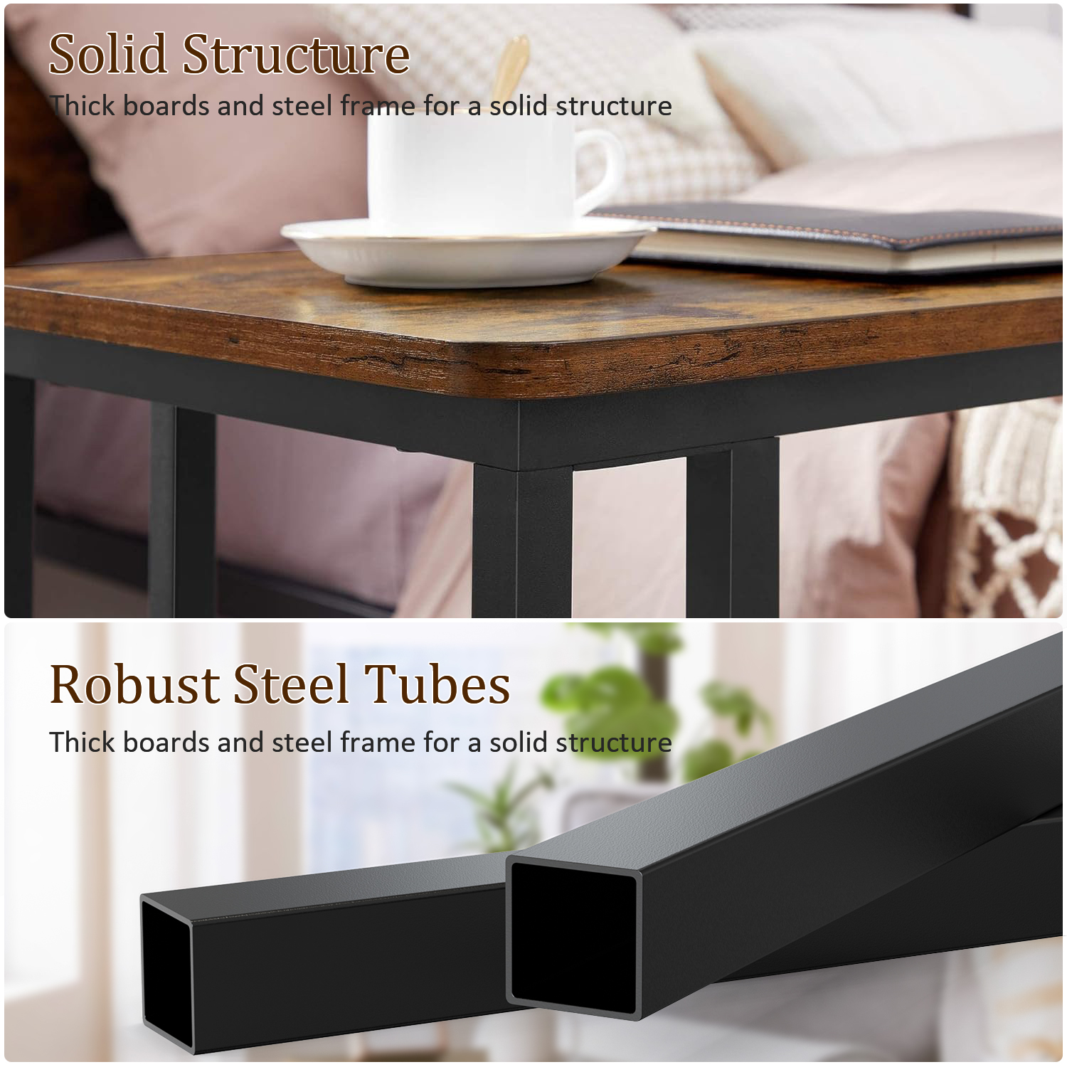 FOUKUS End Table, C Shaped TV Tray with Metal Frame Rolling Casters, Industrial Side Table for Living Room Bedroom, 20x 13 x 22 Inches, Rustic Brown and Black