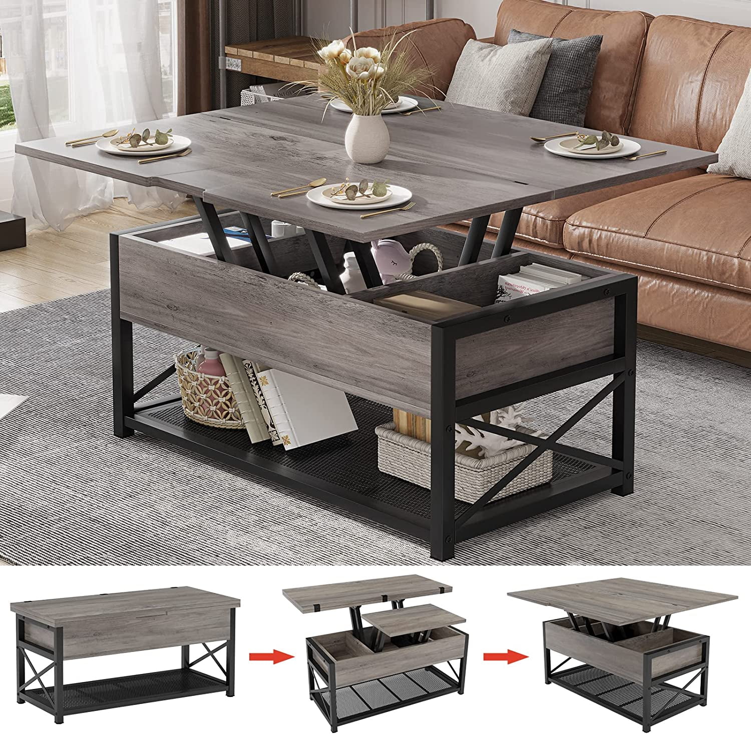 AOGLLATI 3 in 1 Lift Top Coffee Table, 43 in Multi-Function Small Coffee Table with Storage for Living Room, Dining Reception Room, Grey