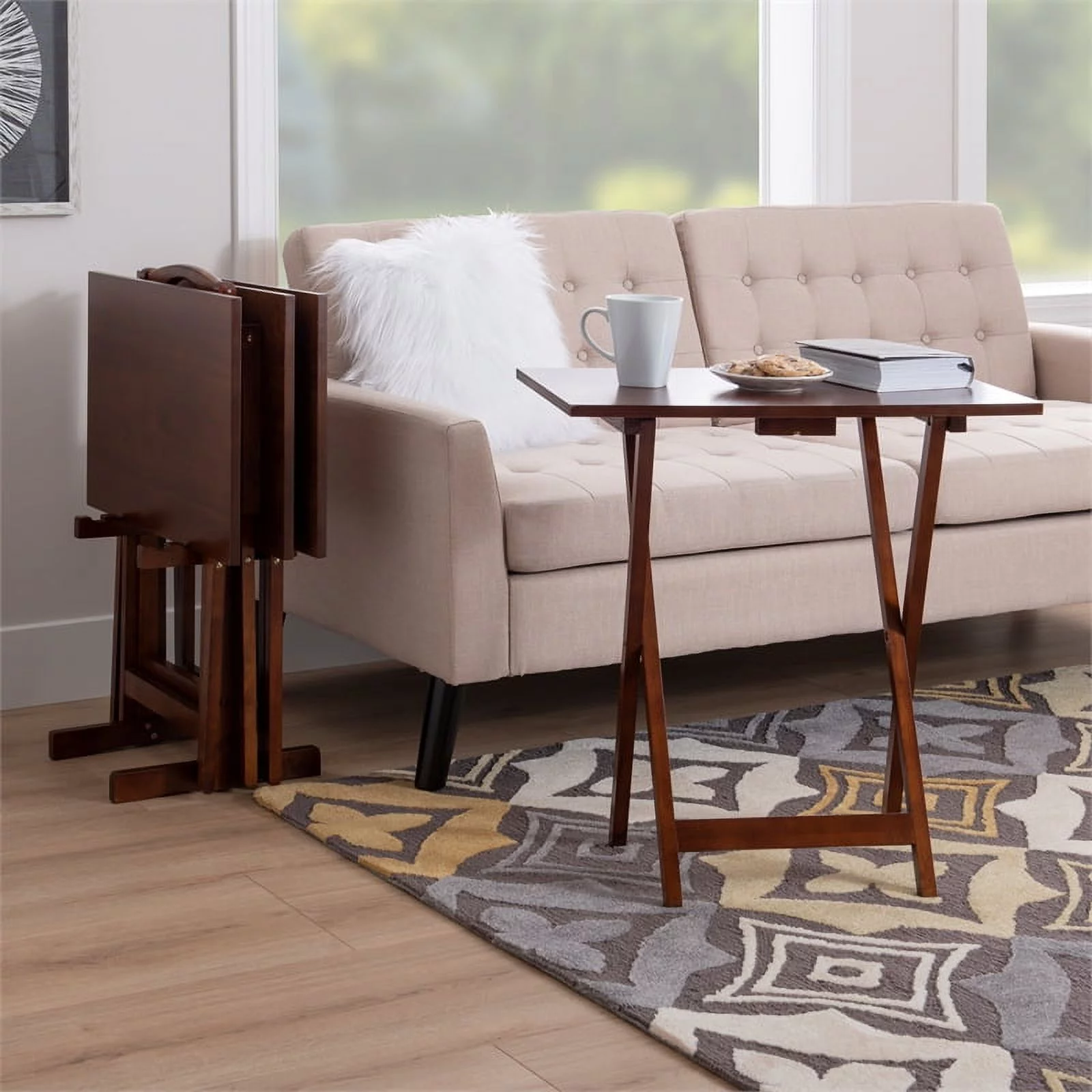 Pemberly Row Transitional Solid Wood Five Piece Tray Table Set in Hazelnut Brown