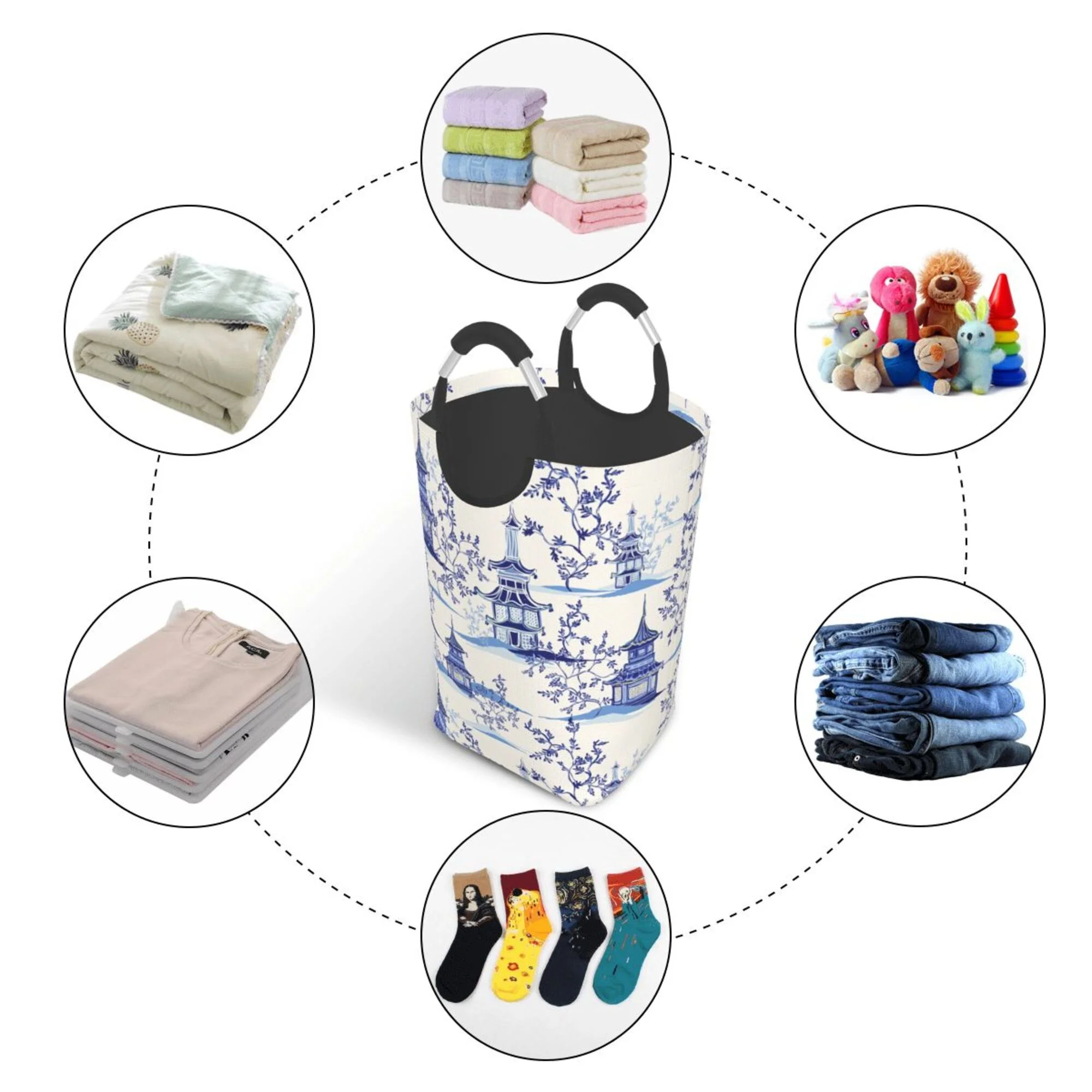 TEQUAN 50L Large Rectangular Laundry Hamper with Aluminum Handles, Vintage Ink Blue Chinoiserie Prints Waterproof Foldable Dirty Clothes Basket