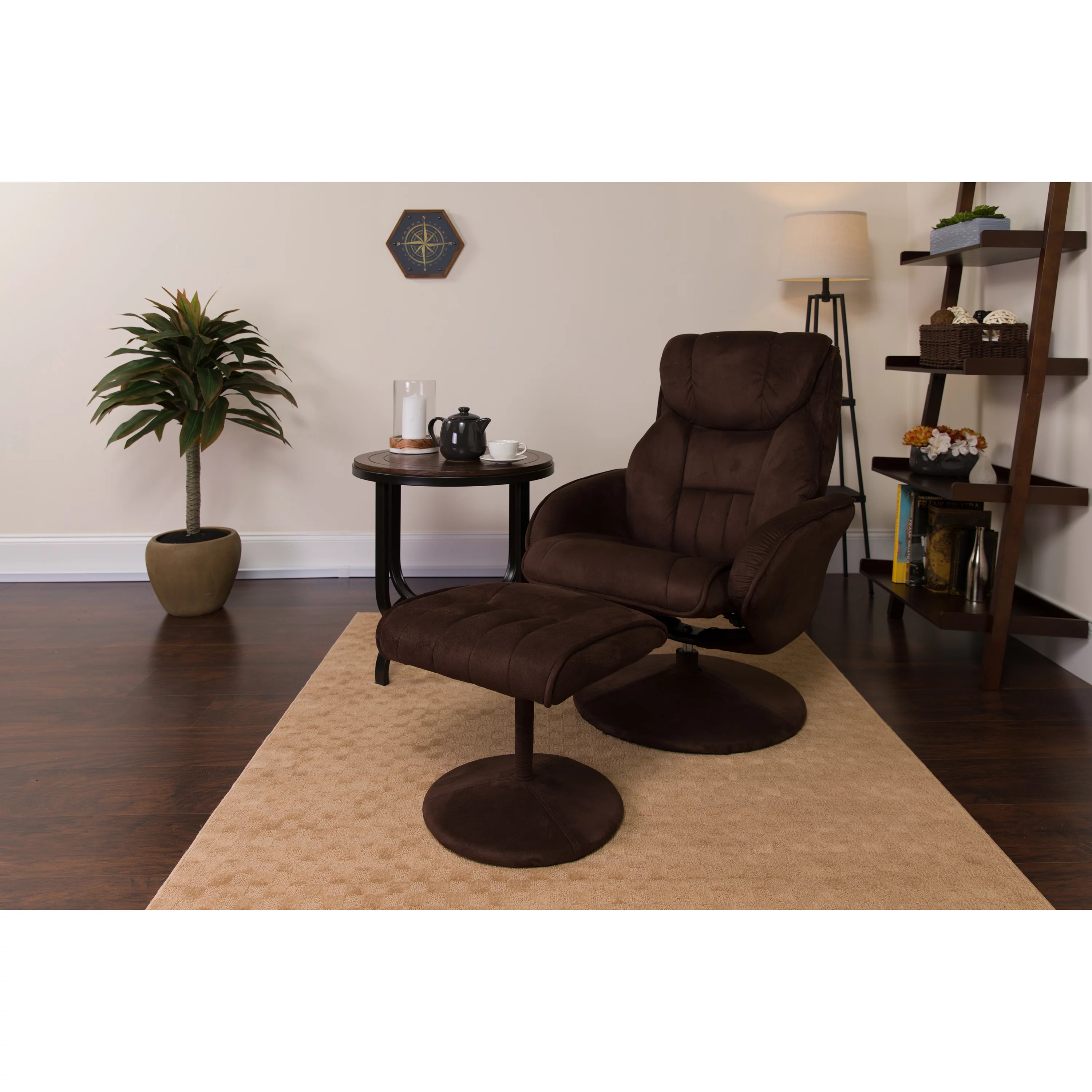 Flash Furniture Contemporary Multi-Position Recliner and Ottoman with Circular Wrapped Base in Brown Microfiber