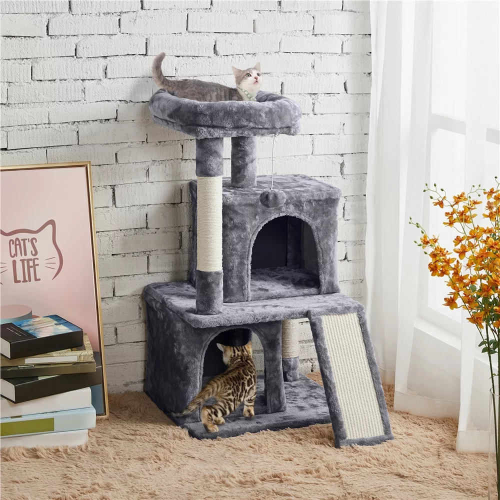 Easyfashion Multilevel Plush Cat Tree with Double Condos and Furry Ball,Dark Gray
