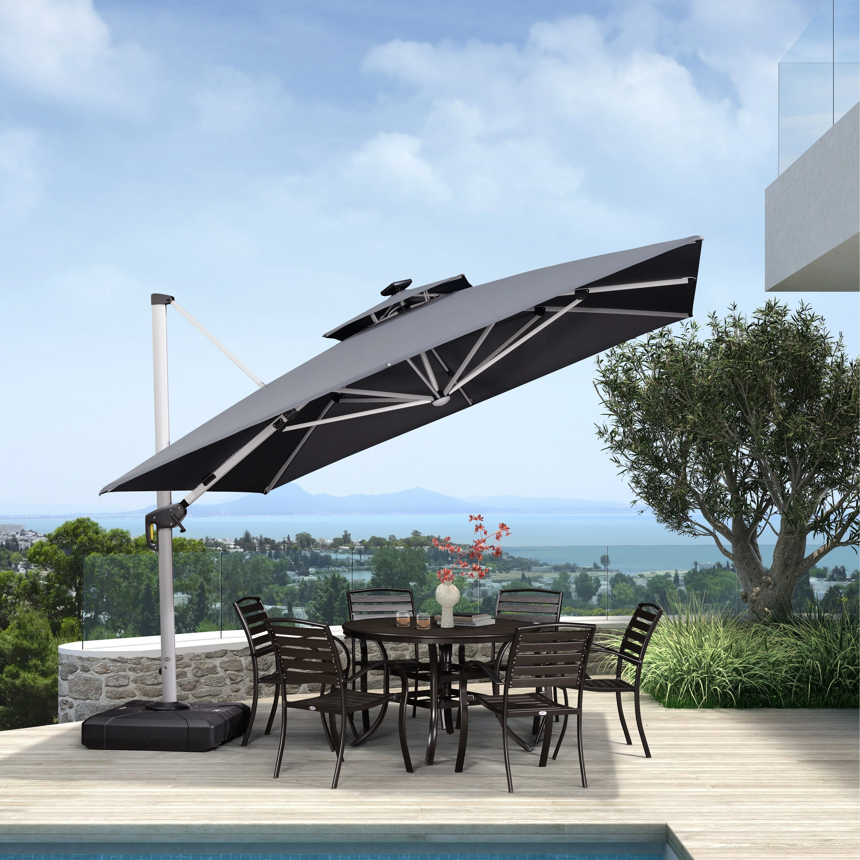 PURPLE LEAF  11 ft Double Top LED Square Patio Cantilever Umbrella with Base Grey