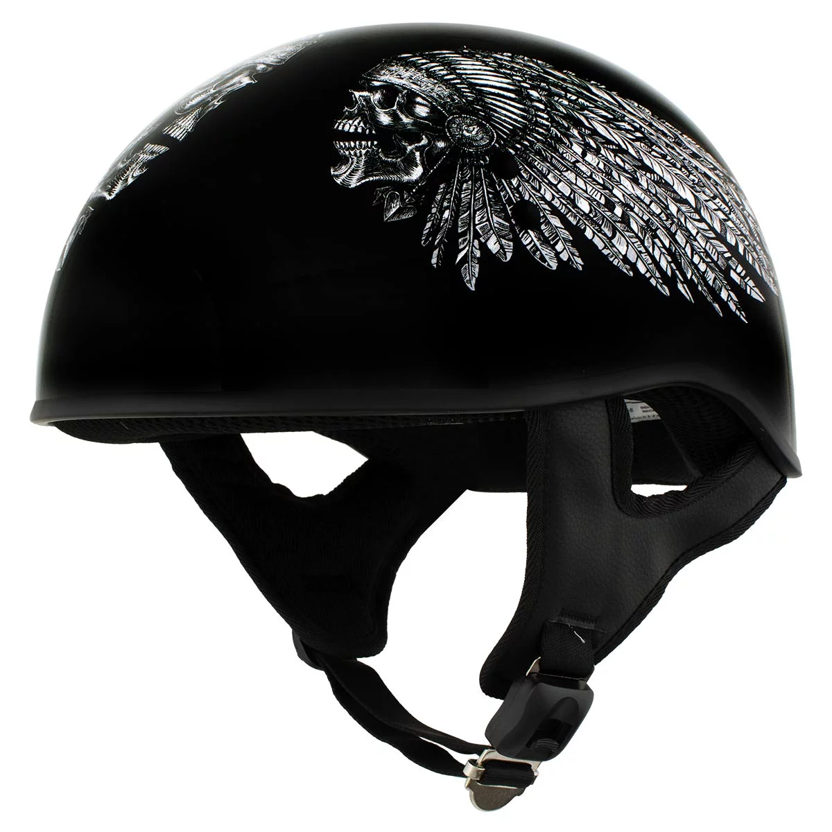 Hot Leathers HLD1032 Black 'Indian Skull' Motorcycle DOT Approved Skull Cap Half Helmet for Men and Women Biker Medium