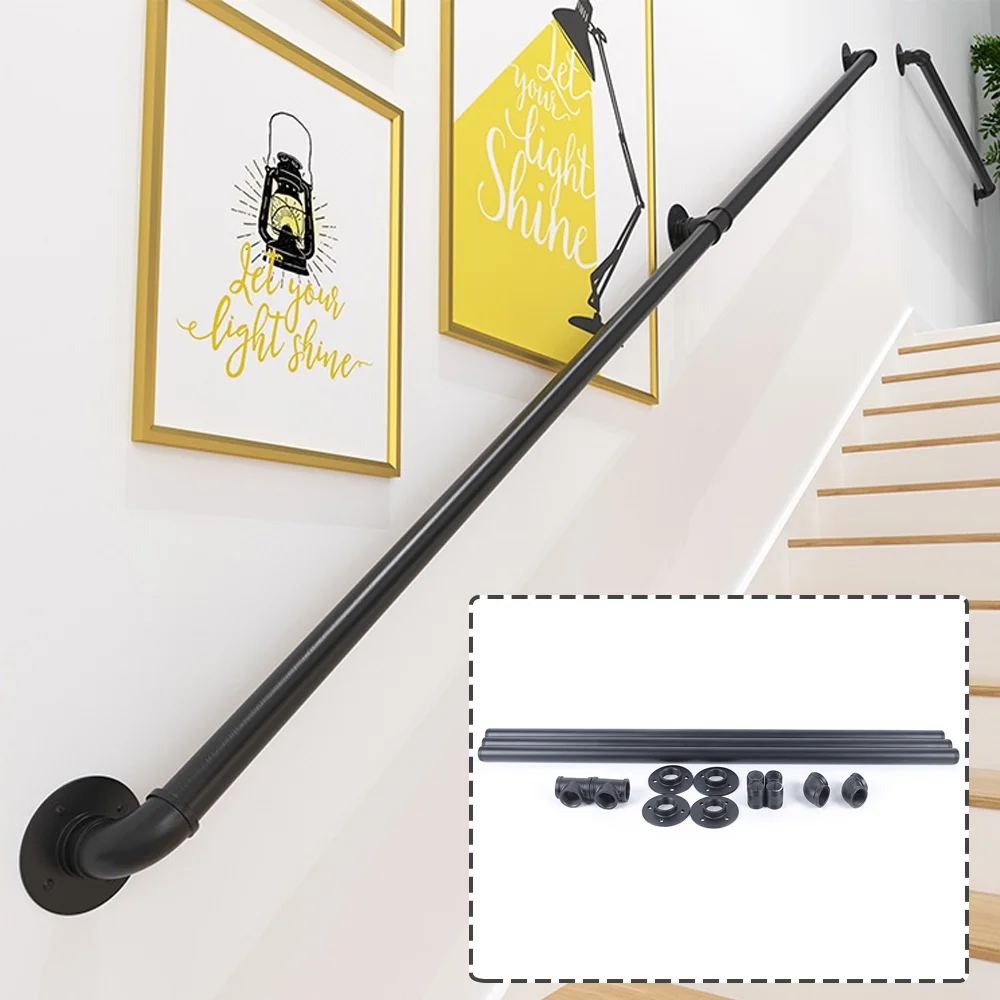 Anqidi 10Ft Stair Handrail Wall Handrail for Steps Loft Stair Rail Black Industrial Iron Pipe Staircase Hand Railing Kit for Stairs Indoor/Outdoor