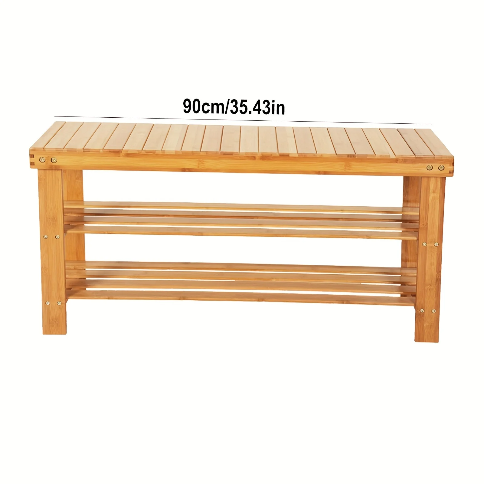 3 Tiers Shoe Rack Bench Wood Shoe Rack 90cm Strip Pattern Bamboo Stool Shoe Rack for Entryway Bedroom Living Room, Wood Color