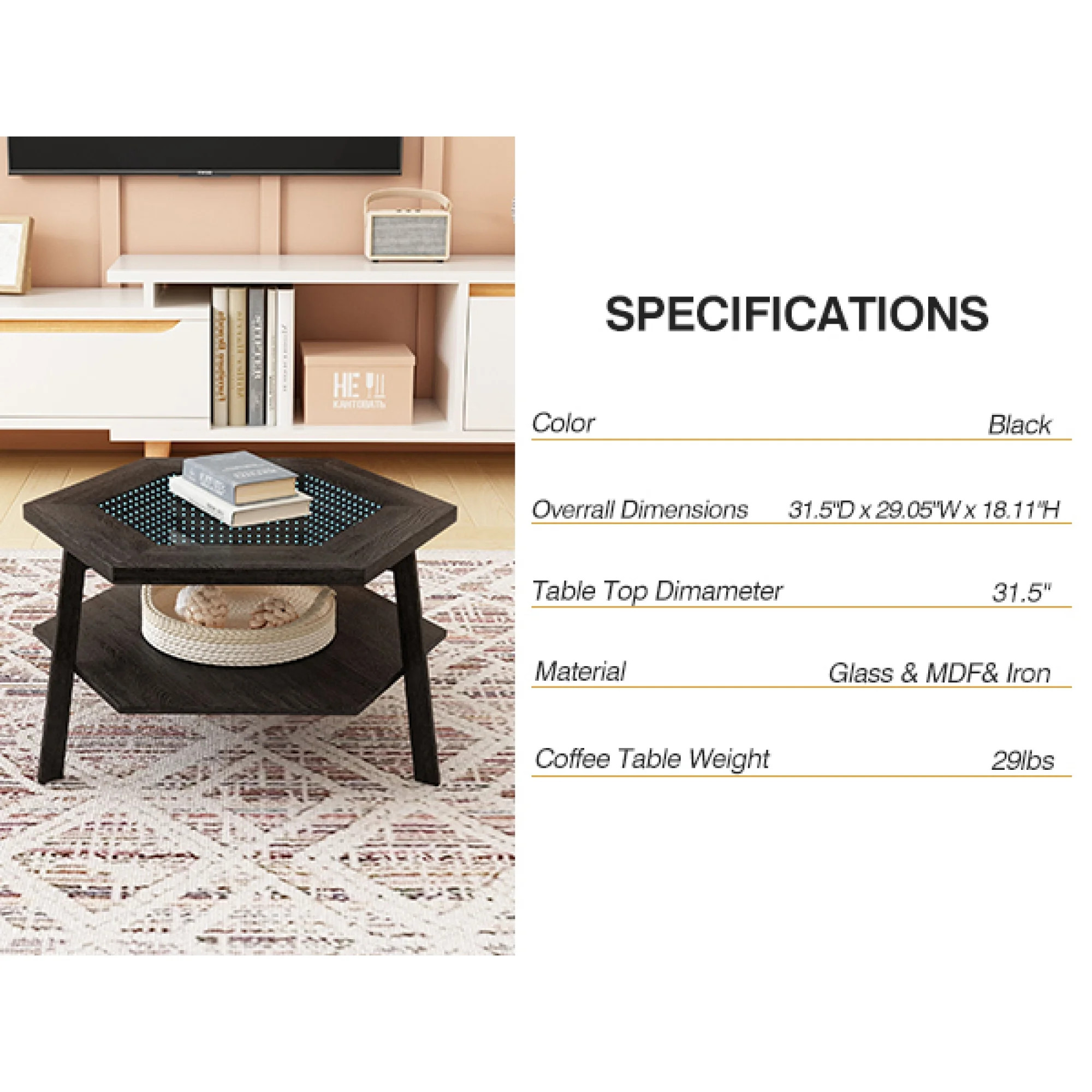 Modern Hexagon Smart Coffee Table with Voice-Activated LED Lights, Bluetooth - Living Room, Reception Room