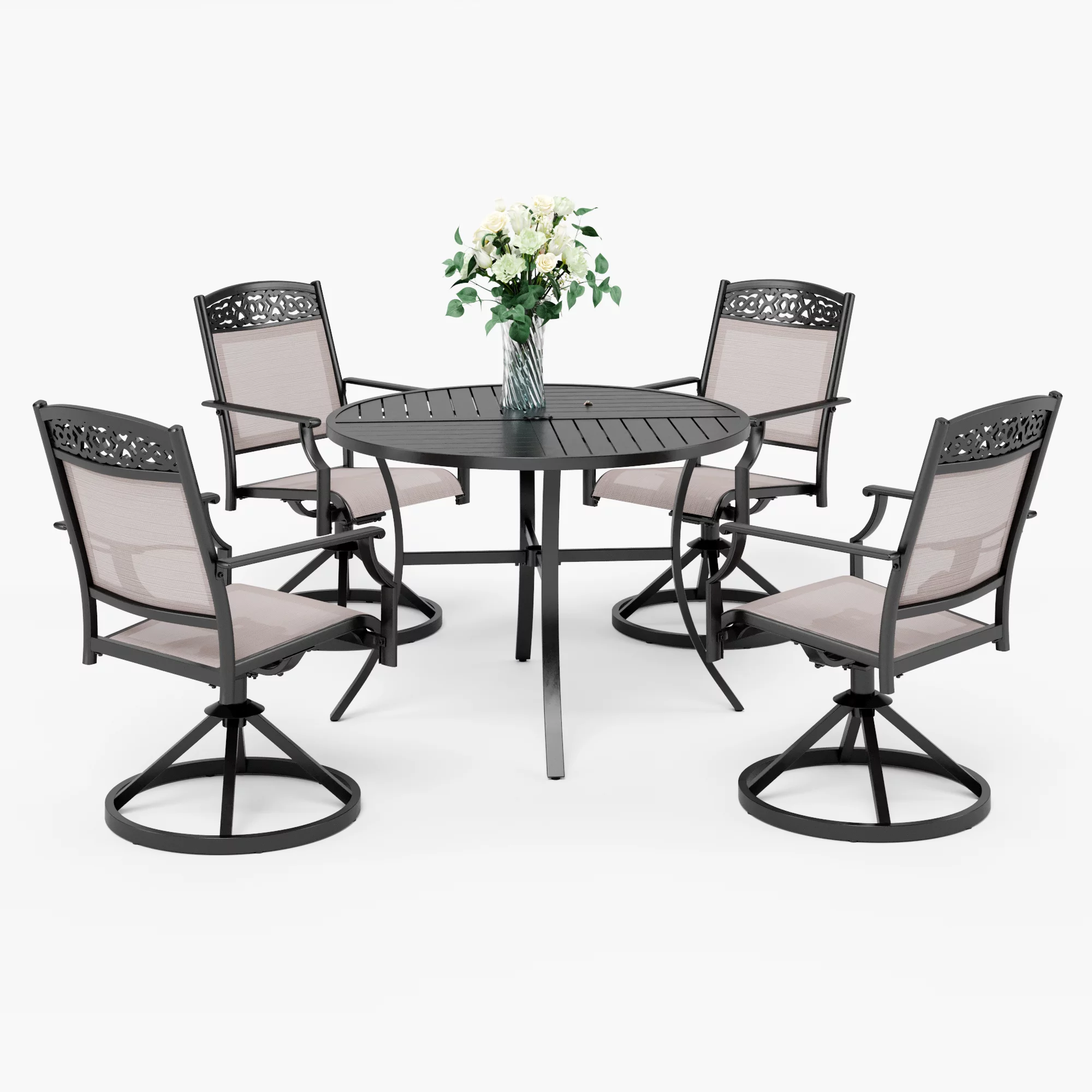 MF Studio Patio Dining Set 5 Pieces, Indoor Outdoor Patio Dining Table Furniture Set Outdoor Swivel Chairs with Textilene Fabric & Round Metal Table