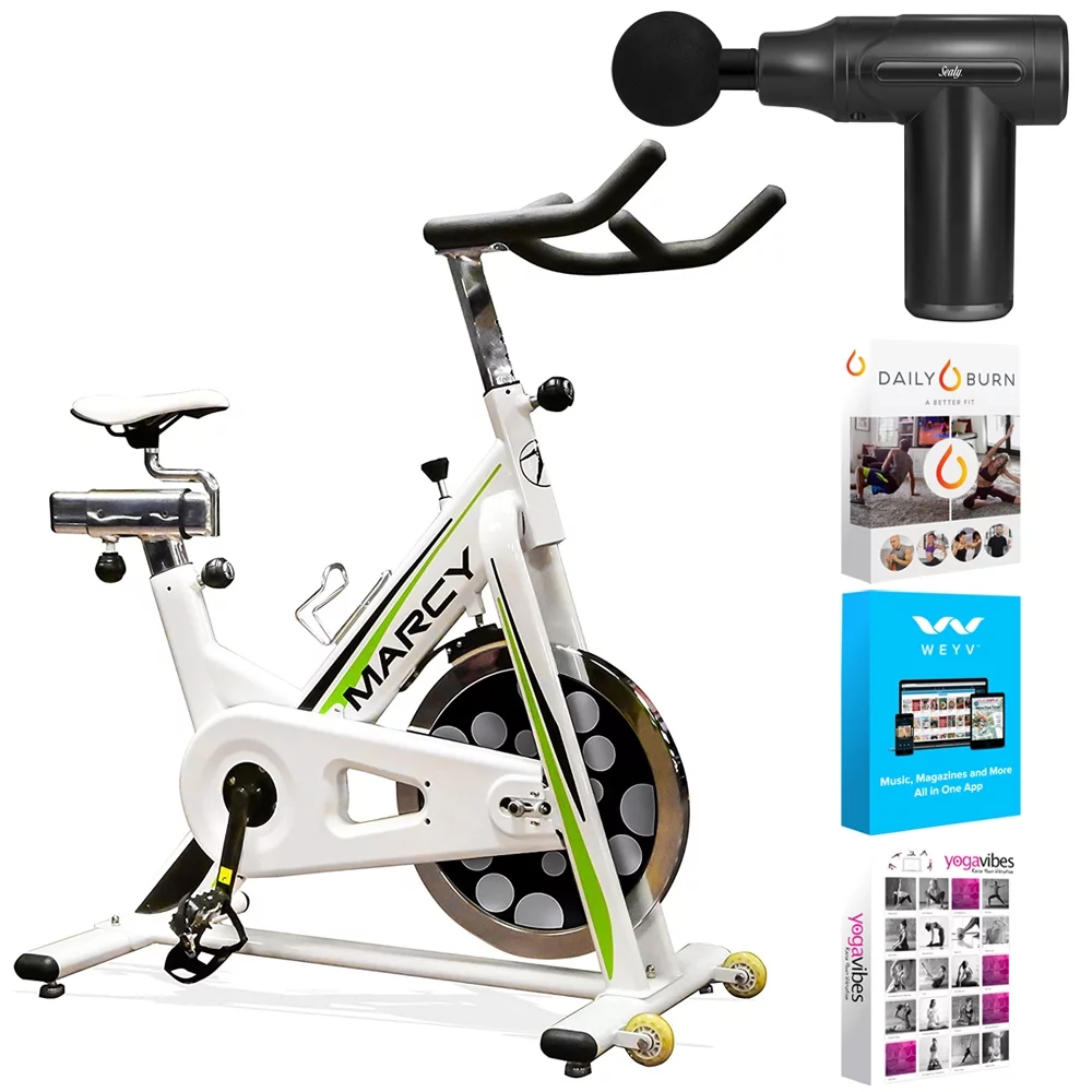 Marcy NSP-122 Deluxe Club Revolution Cycle - White/Green Bundle with Sealy Personal Deep Tissue Muscle Massager and Bonus Fitness & Wellness Suite