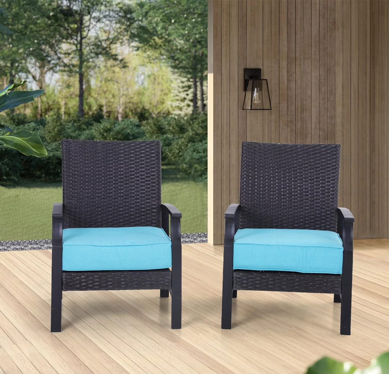 MF Studio 2 Pieces Outdoor Patio Rattan Wicker Conversation Set With Aqua Cushions