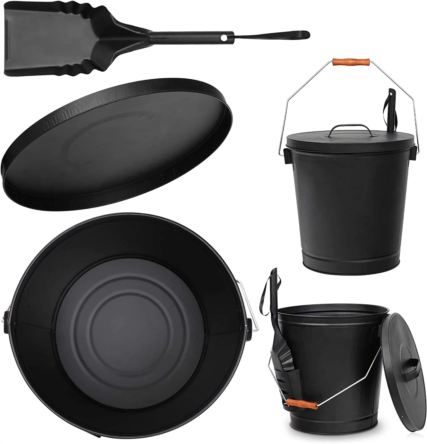 Hot Ash Bucket Fireproof Pellet Bucket with Lid and Shovel for Fireplaces, Fire Pits - Black