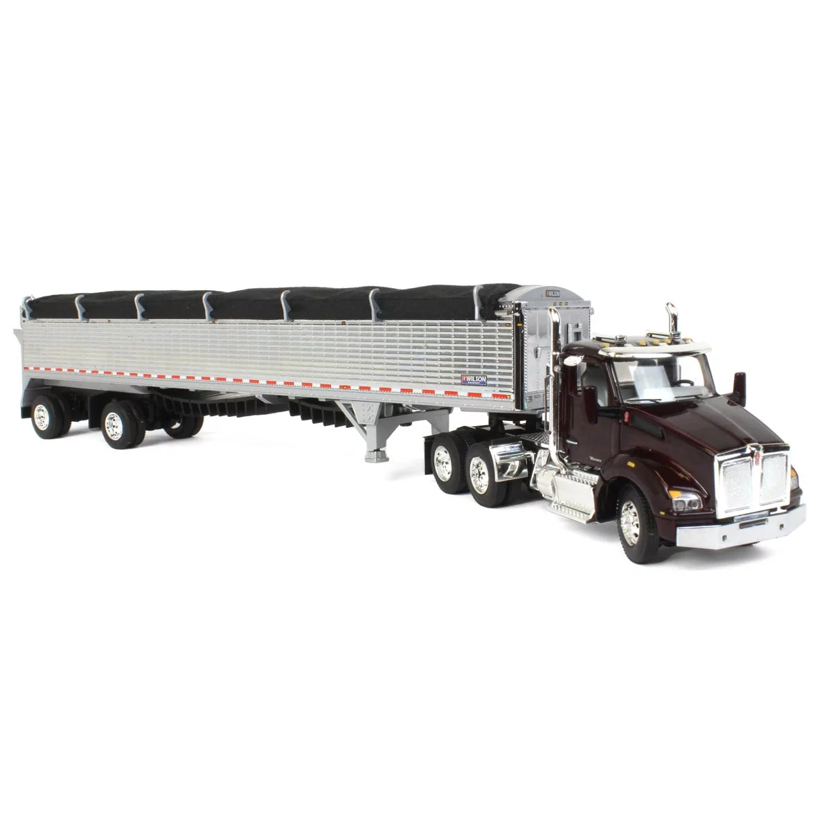 1/64 Black Cherry Kenworth T880 w/ Chrome Wilson Patriot Spread-Axle Belt Trailer, DCP by First Gear, 60-1364