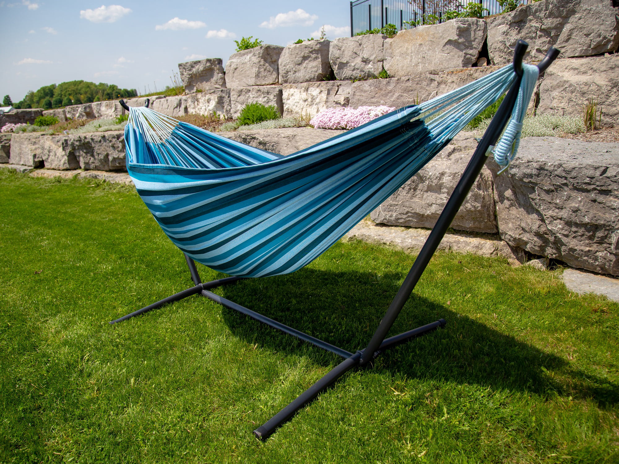The Hamptons Collection 110” Blue Striped Brazilian Style Hammock with a Steel Hammock Stand
