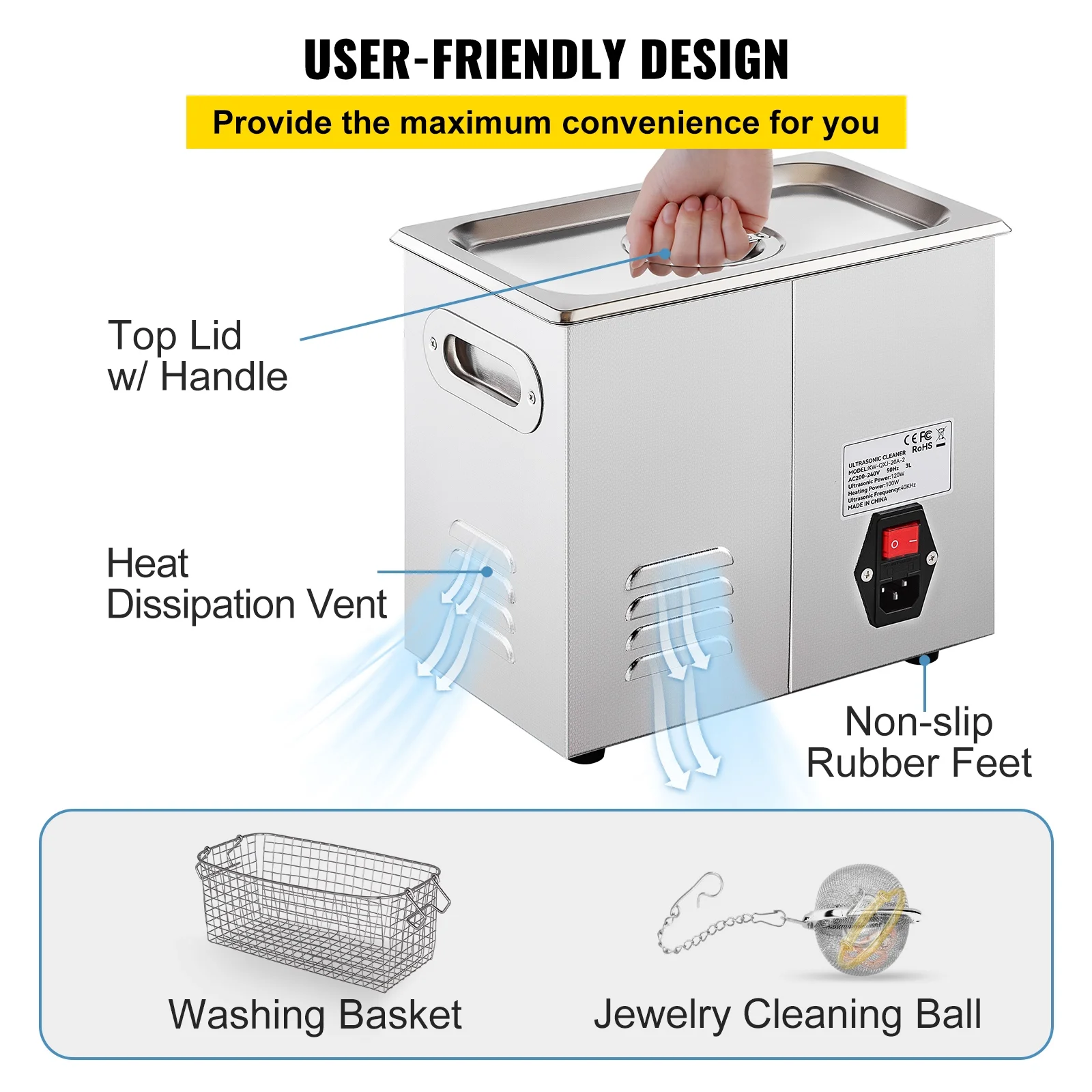 SKYSHALO Ultrasonic Cleaner Jewelry Cleaning Machine w/ Digital Timer and Heater 3L