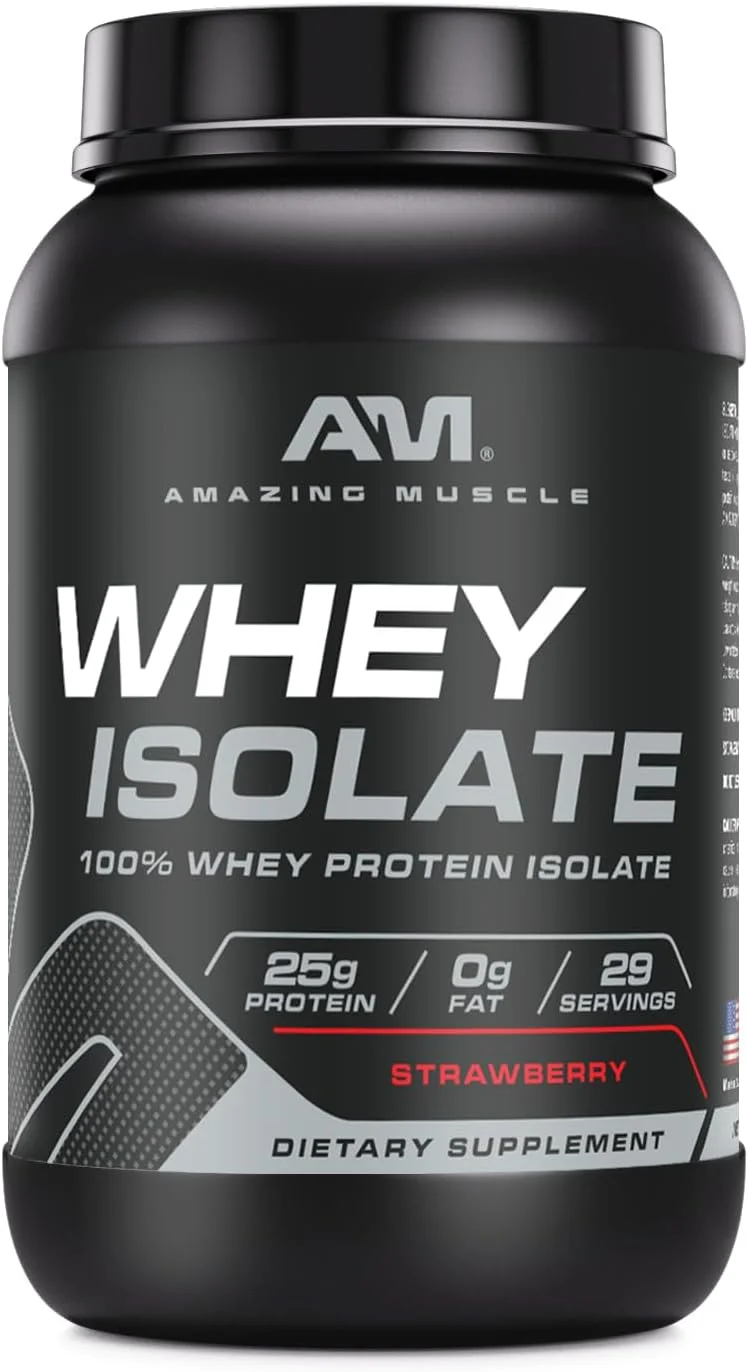 Amazing Muscle Whey Protein Isolate Powder 2Lbs Strawberry Flavor | 25 Grams Protein Per Serving | 30 Servings Supplement | 100% Whey Isolate | Made in USA