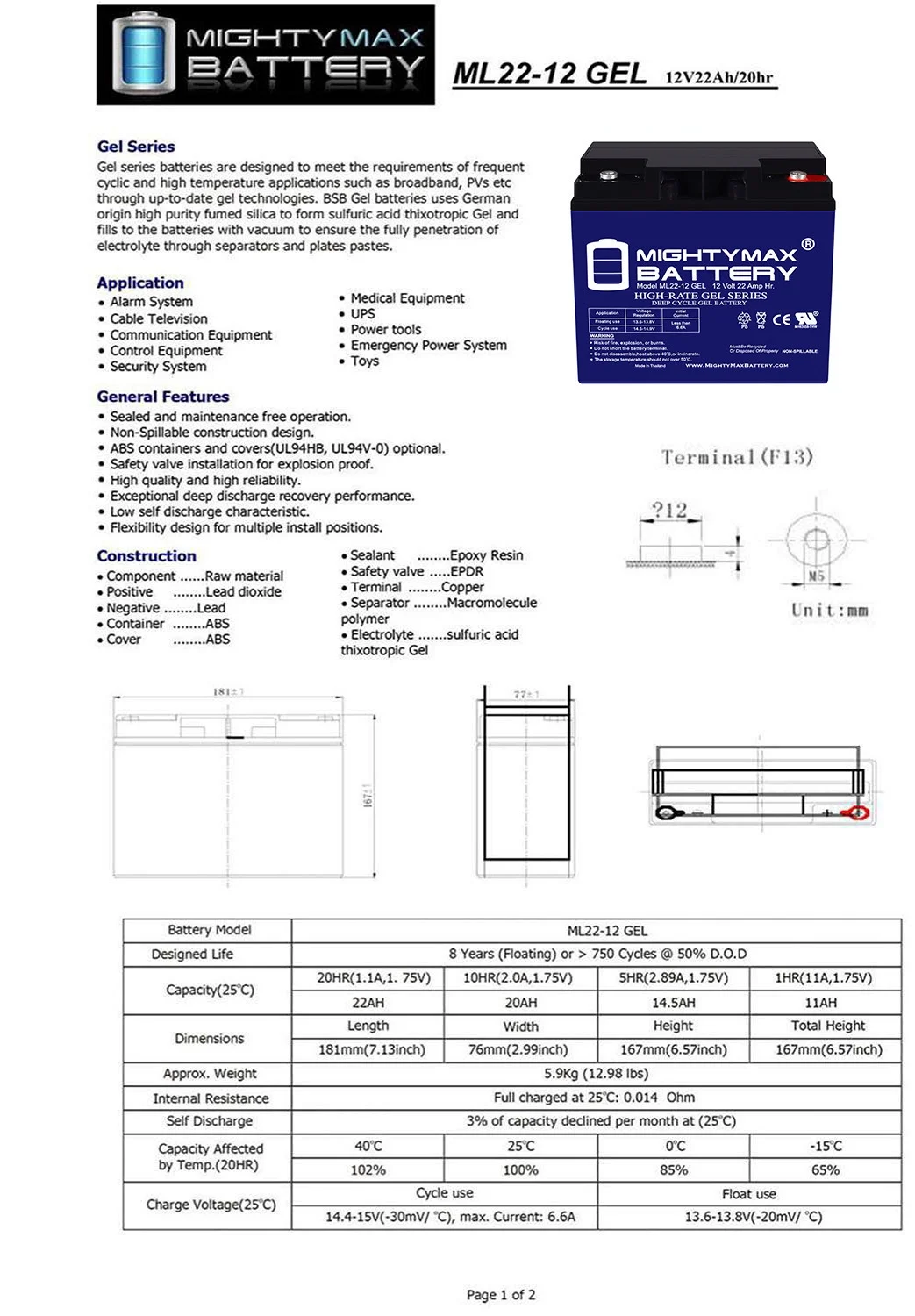 12V 22AH GEL Replacement Battery