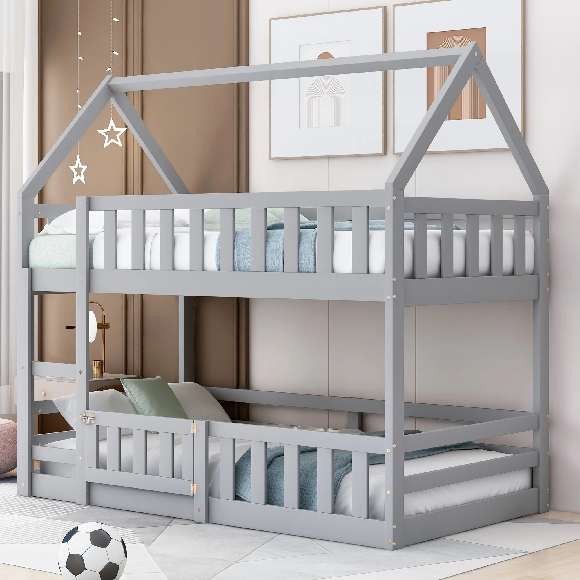 Bellemave House Bunk Bed with Fence and Door, Wood Twin Over Twin Floor Bunk Beds Frame with Roof, Low Toddler Bunk Loft Bed for Kids Girls Boys Teen (Gray)